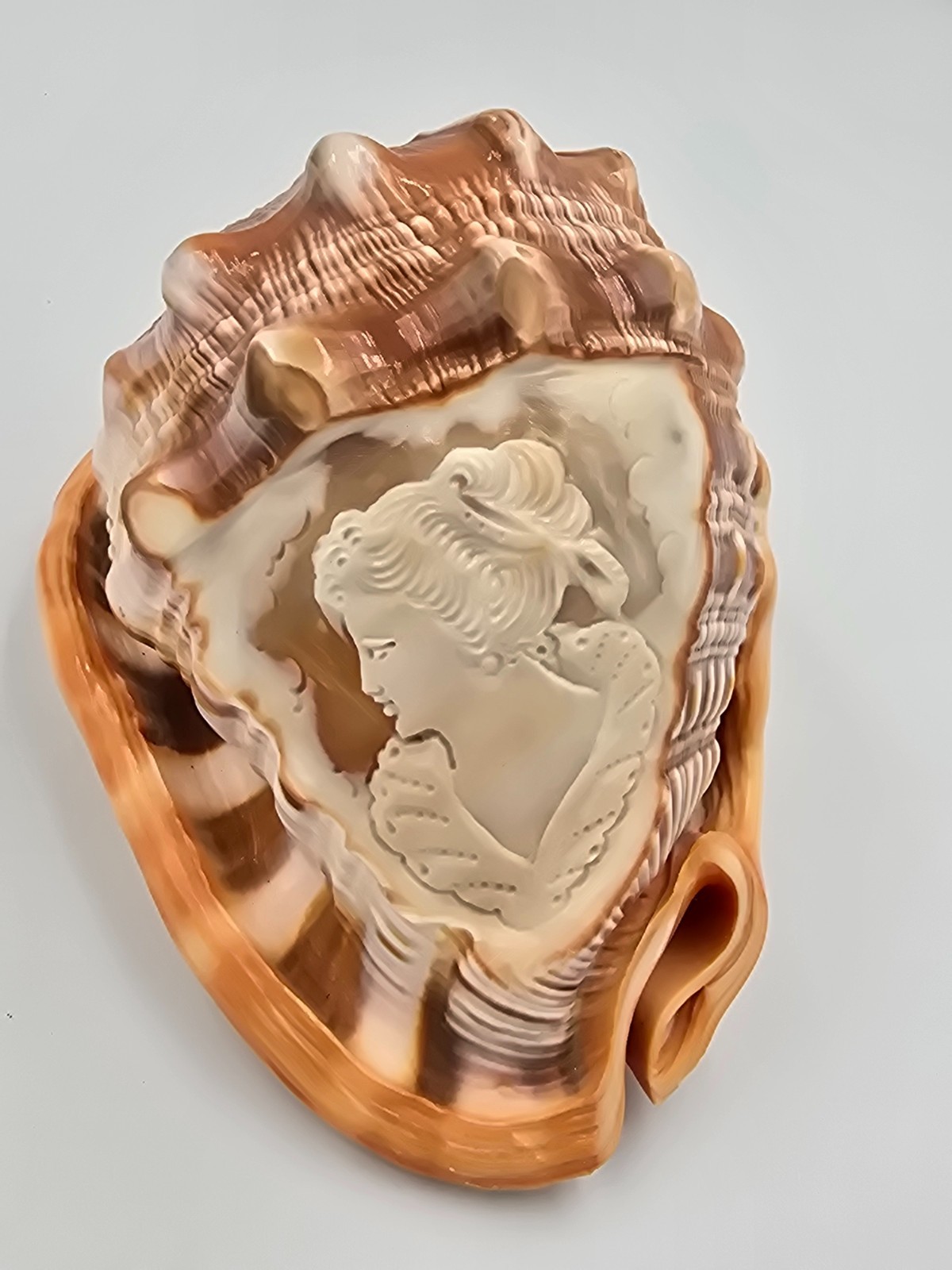 Large Hand Carved Seashell Cameo Figurine Victorian Lady Profile Decorative