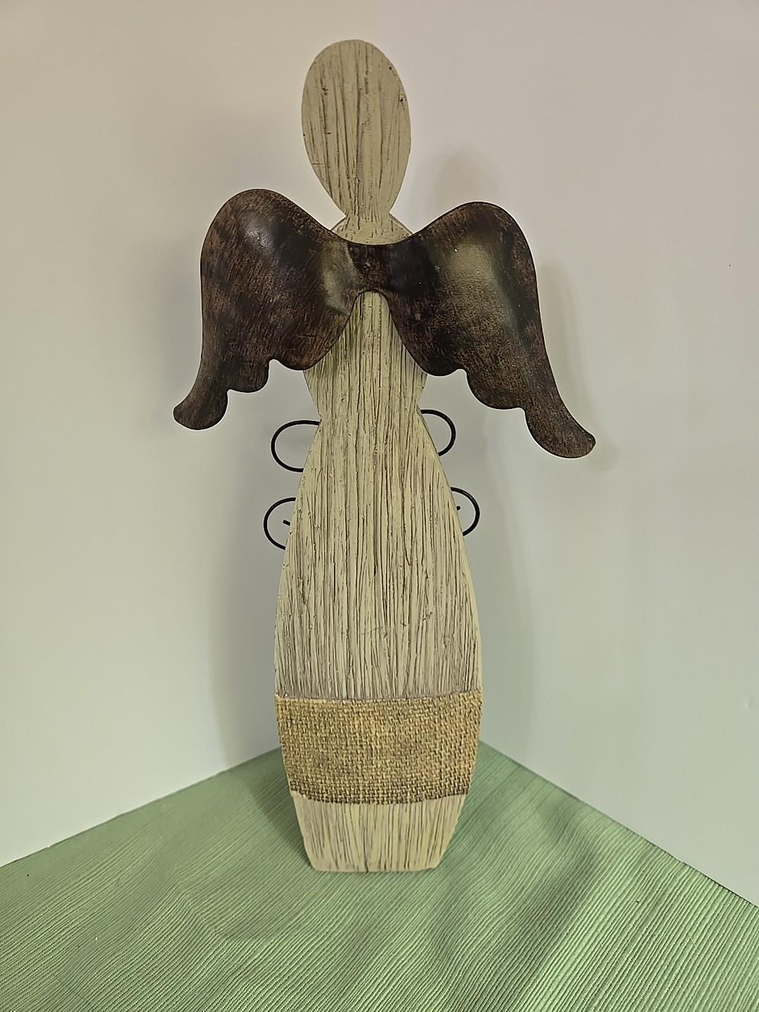 Rustic Farmhouse Wood Angel Gray Rusty Metal Wings Heart Love Rhinestones