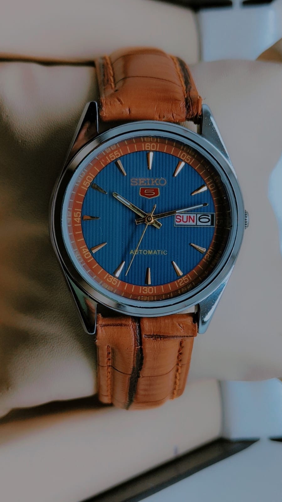 Seiko 5 Automatic Men’s Watch – Blue Dial, Day-Date, Brown Leather Strap
