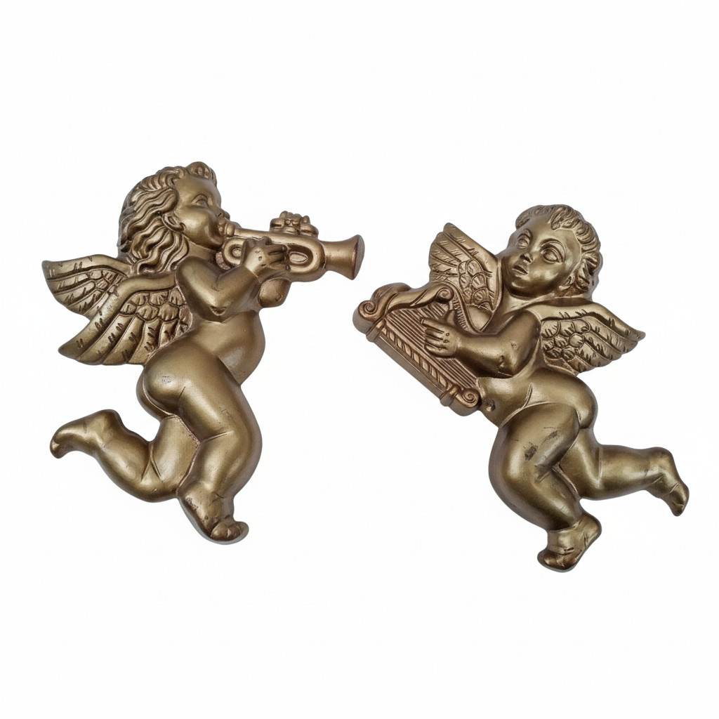 Vintage 1970’s Cherub Angels Wall Hanging Decor Trumpet Harp Set Of 2 Gold Paint