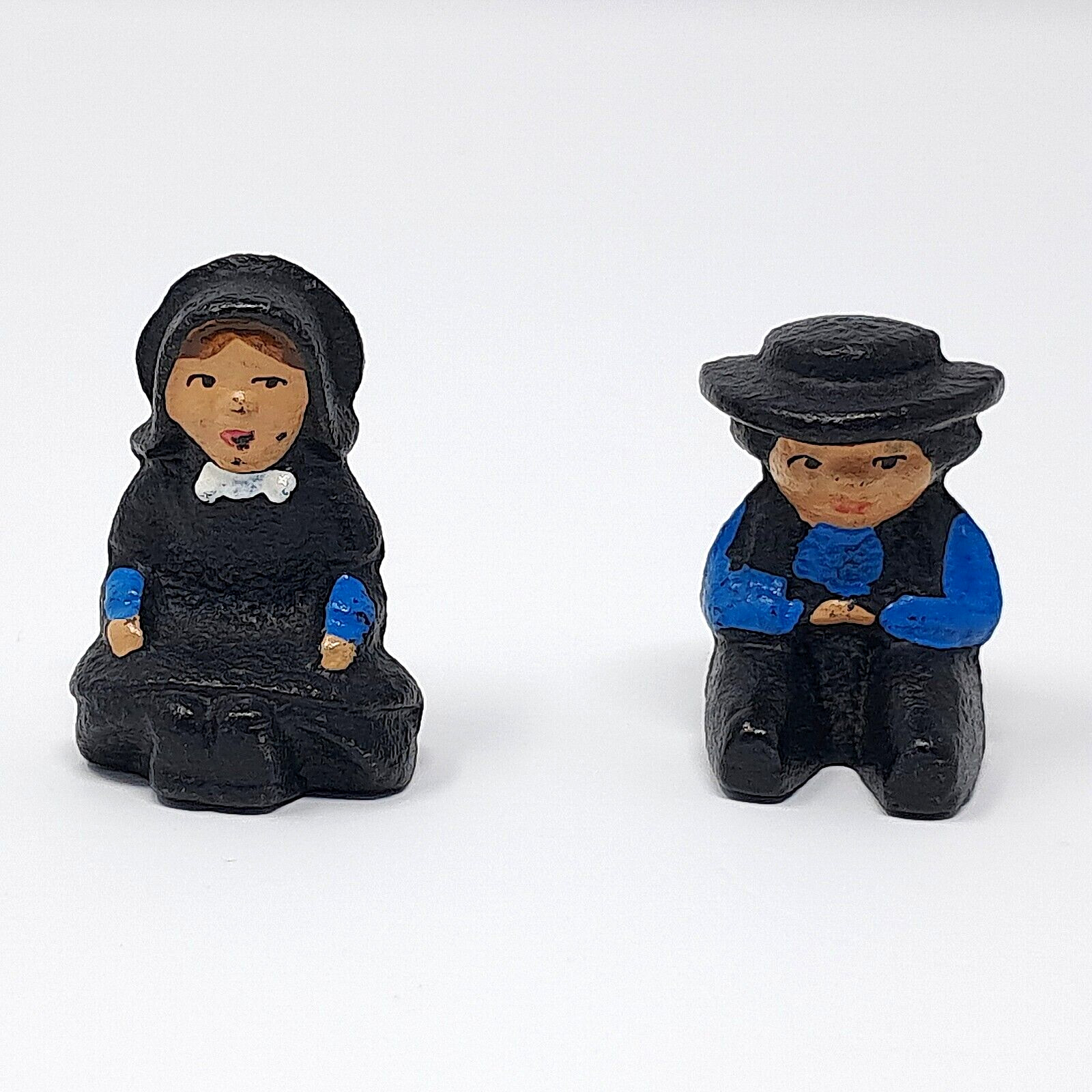 Amish Couple Cast Iron Figurines hand painted man woman miniature 1.5″ tall