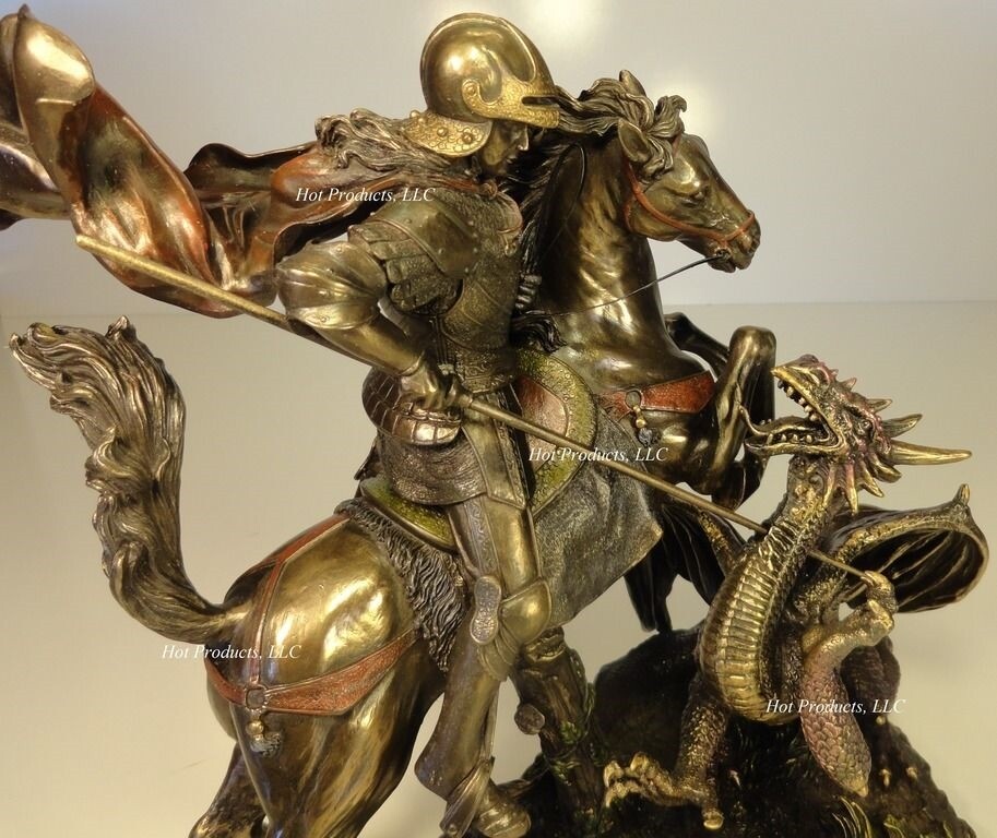LARGE St George THE DRAGON SLAYER Sculpture Statue Bronze Finish