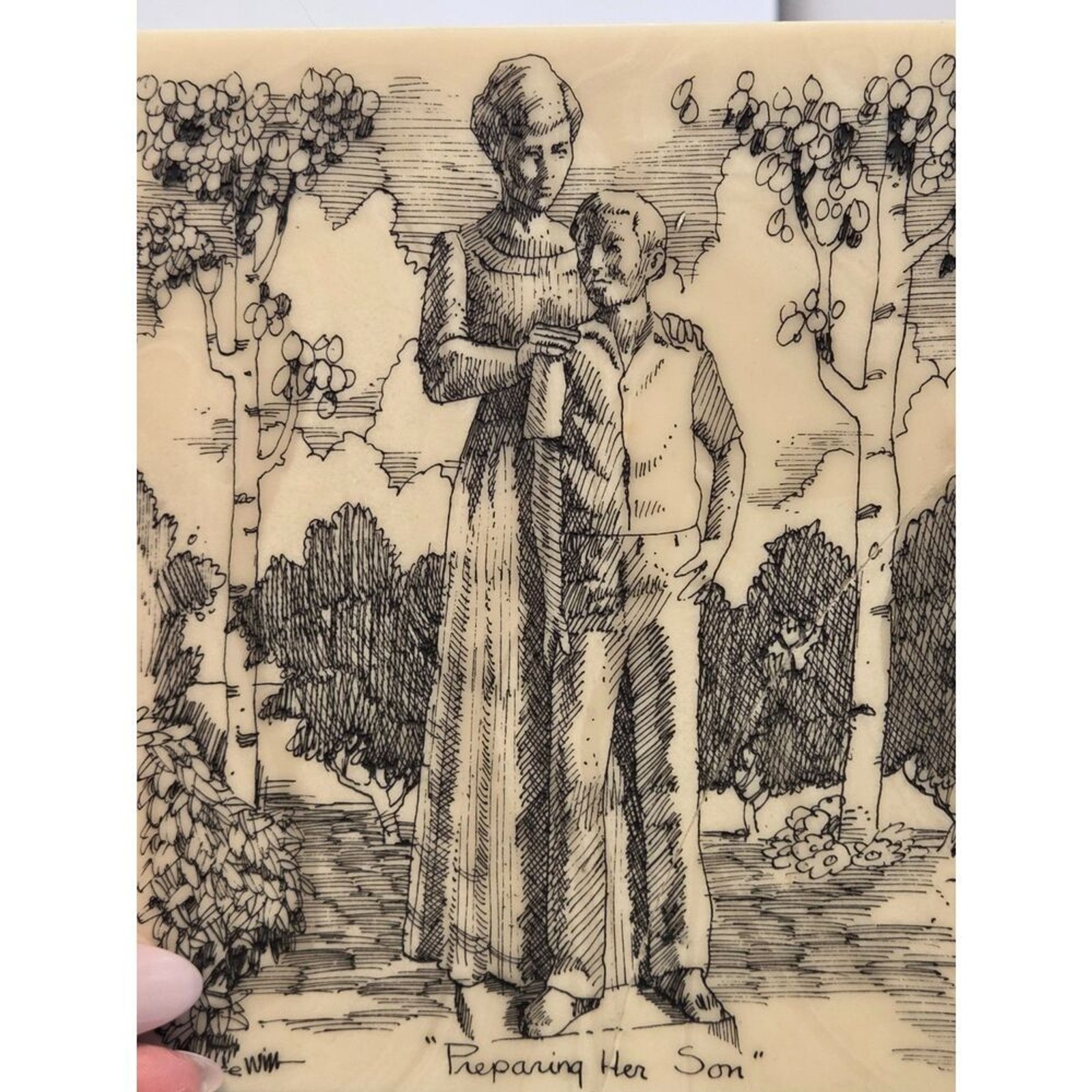 Vintage B. Lewin “Preparing Her Son” Scrimshaw Style Art Tile – 6″ x 6″