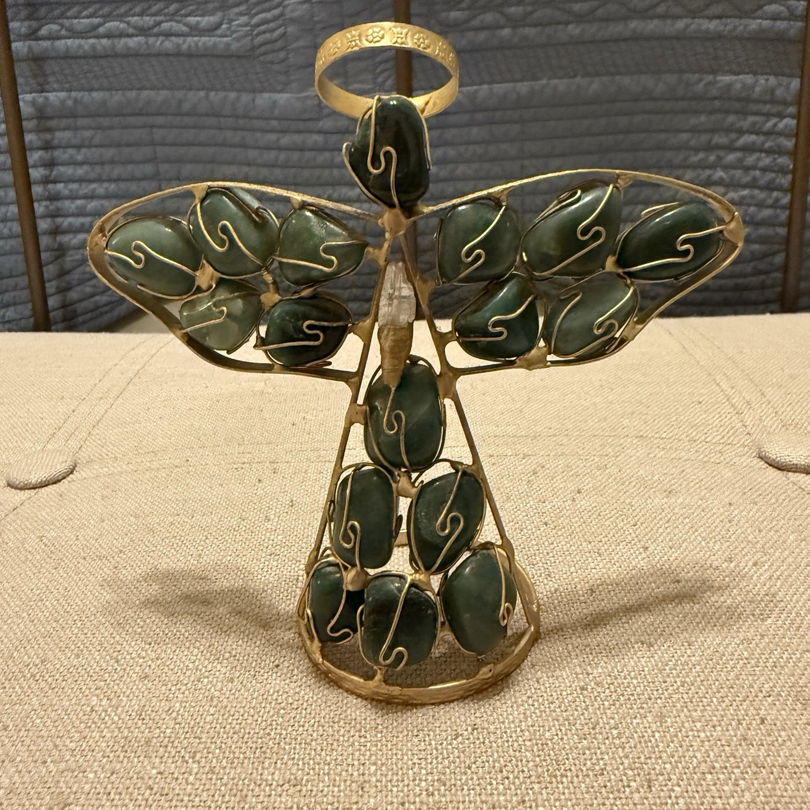 Wire And Stone 5.5” Praying Angel Figurine Green Stone Gold Metal