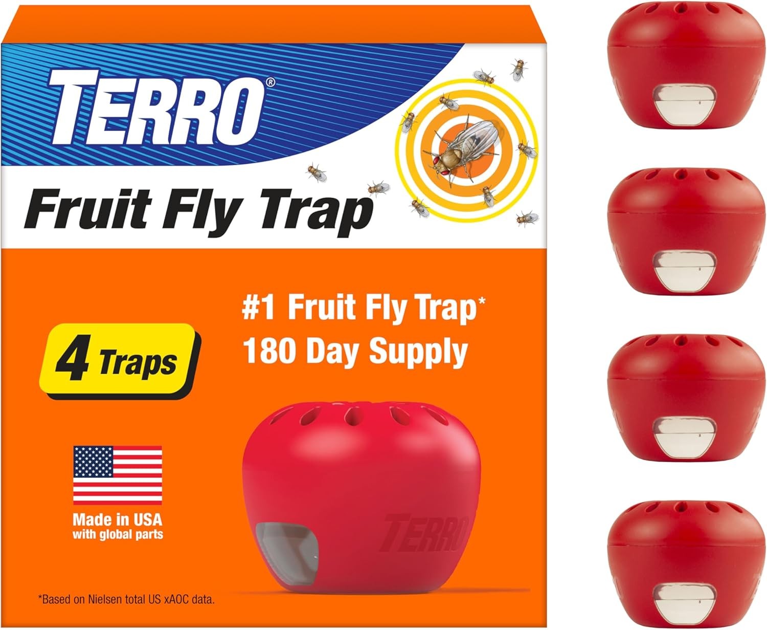 TERRO Fruit Fly Trap 4-Pack, 180 Day Lure Supply, Food-Based Lure | Apple-Shaped