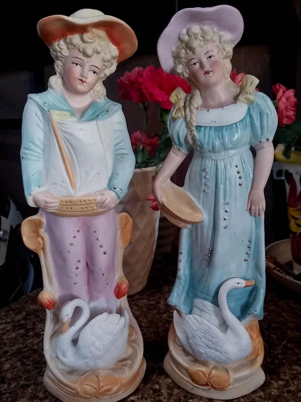 Antique German Porcelain Bisque Victorian “Blue Boy & Pink Girl” w/White Swans