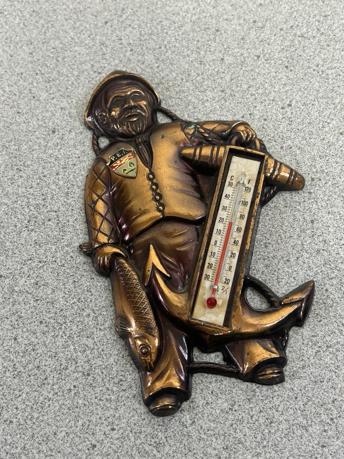 Vintage Thermometer Metal Wall Plack MCM Fisherman Advertising P.E.I