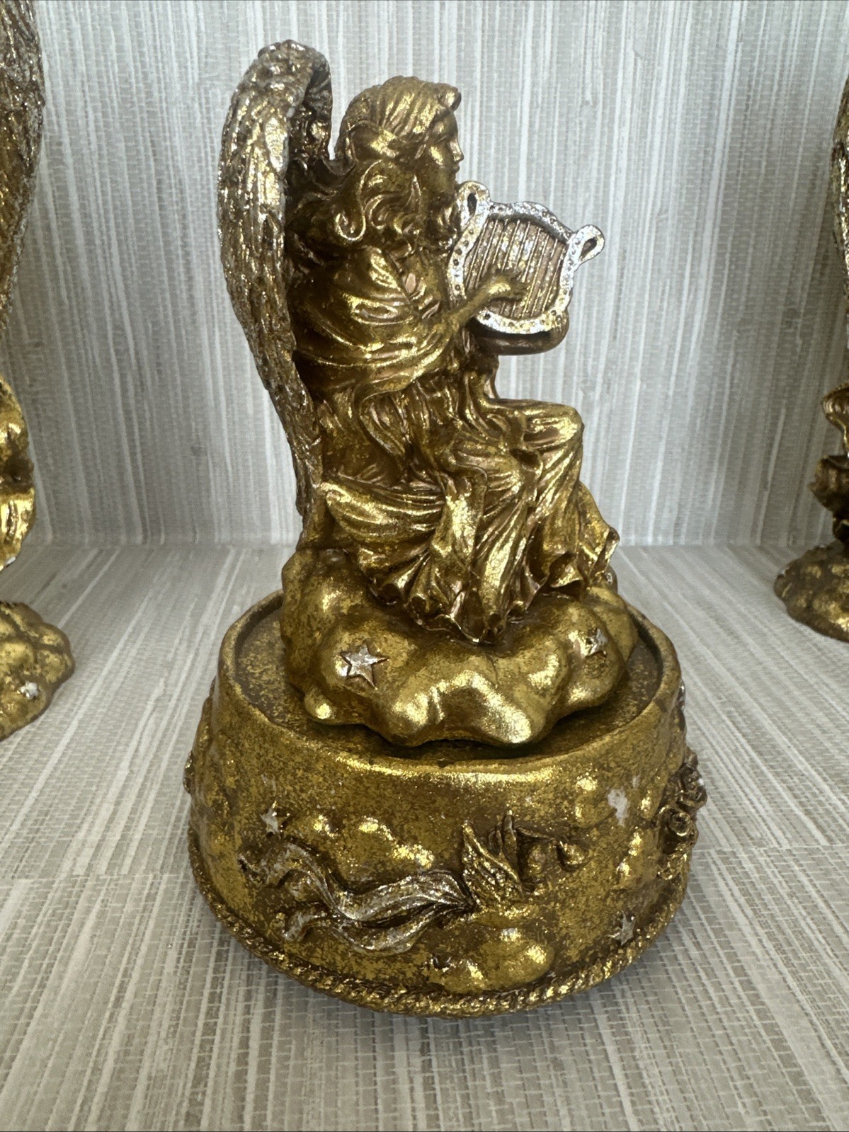 Vintage Set Of 3 Cherubs Playing Instruments Gold Silver Figurines Christmas