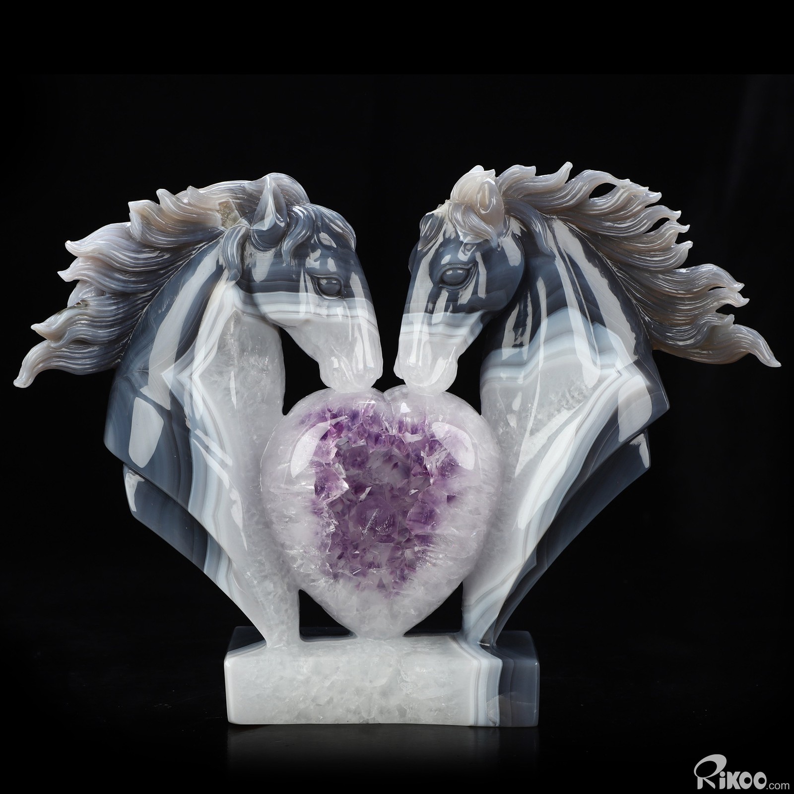 9.8″ Agate Amethyst Geode Hand Carved Crystal Horse Sculpture, Crystal Healing