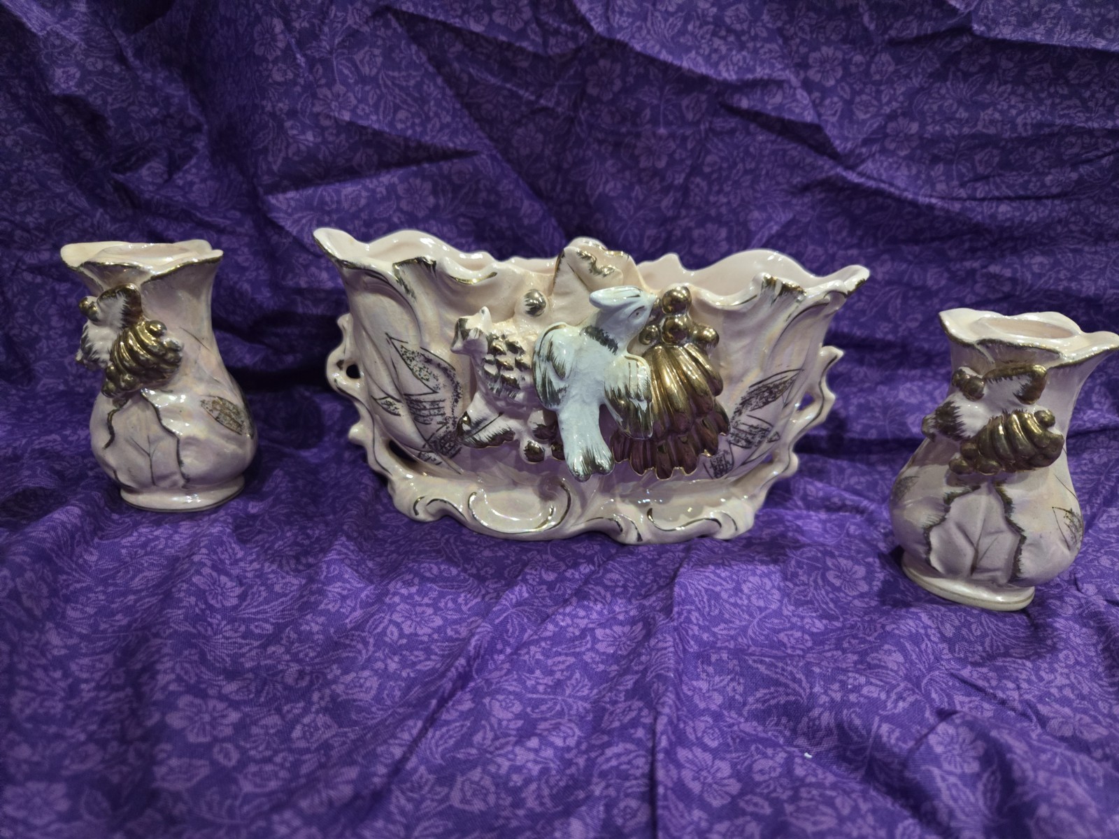 Vintage Porcelain Pink And Gold Center Piece Set