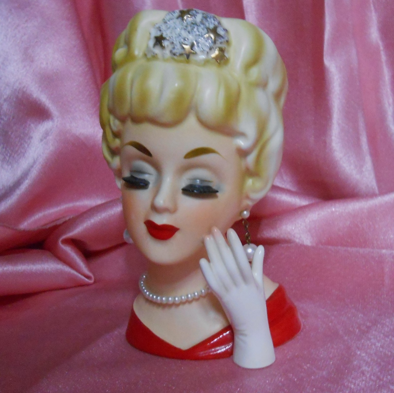 GOLD STARS TIARRA JAPAN WREATH XL 6″ BLONDE GLOVE HEADVASE VTG HEAD VASE XMAS