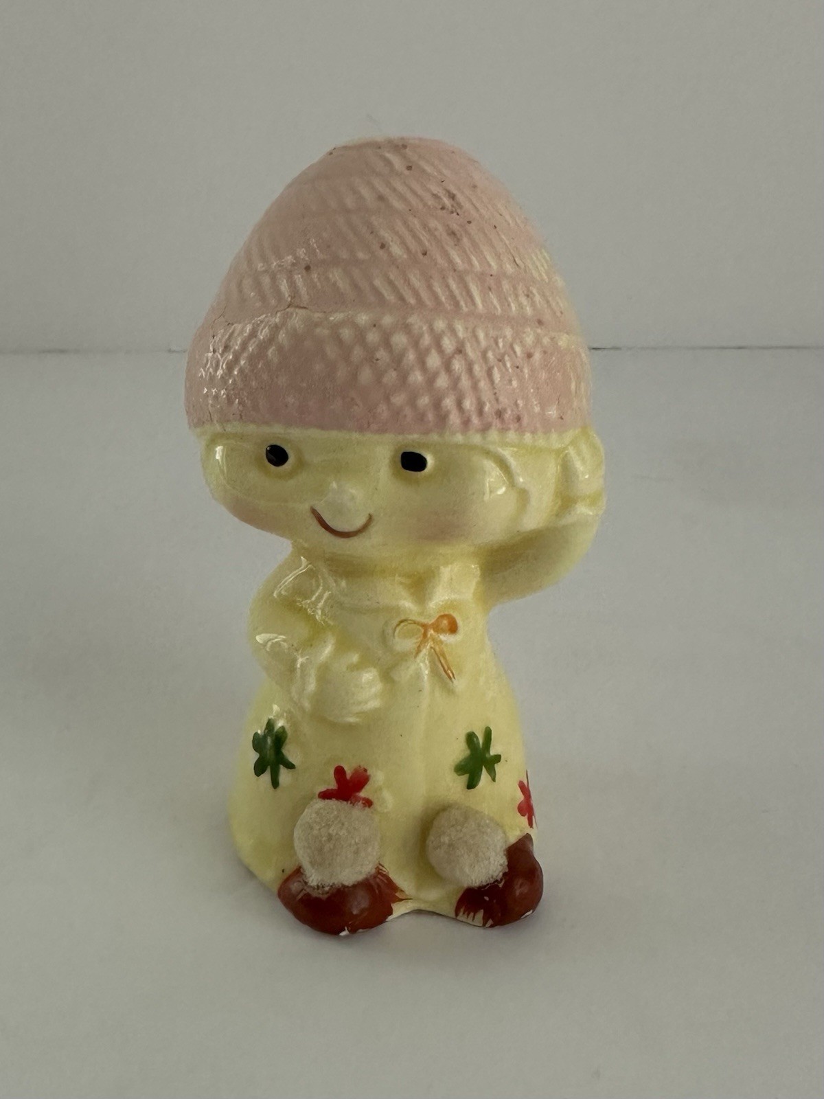 Vintage Norleans Japan Ceramic Girl Pink Bonnet Figurine Flocked Shoes 3.5”
