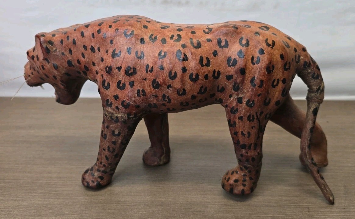 Vintage Leather Wrapped Jaguar Leopard Panther Cheetah Whiskers Teeth Glass Eyes