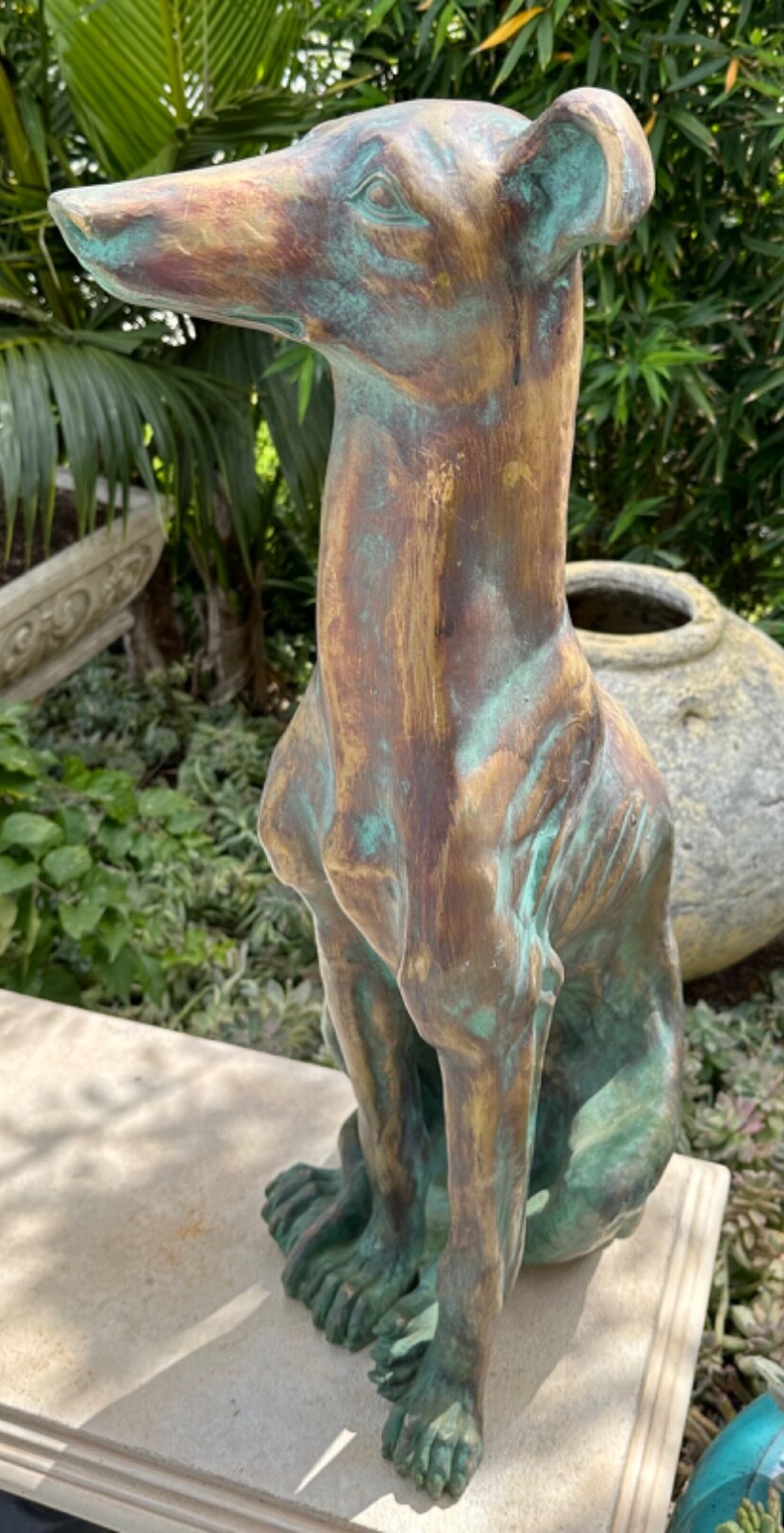 Vintage Italian Life Size Carved Wood Gold Verdigris Greyhound Baroque Sculpture