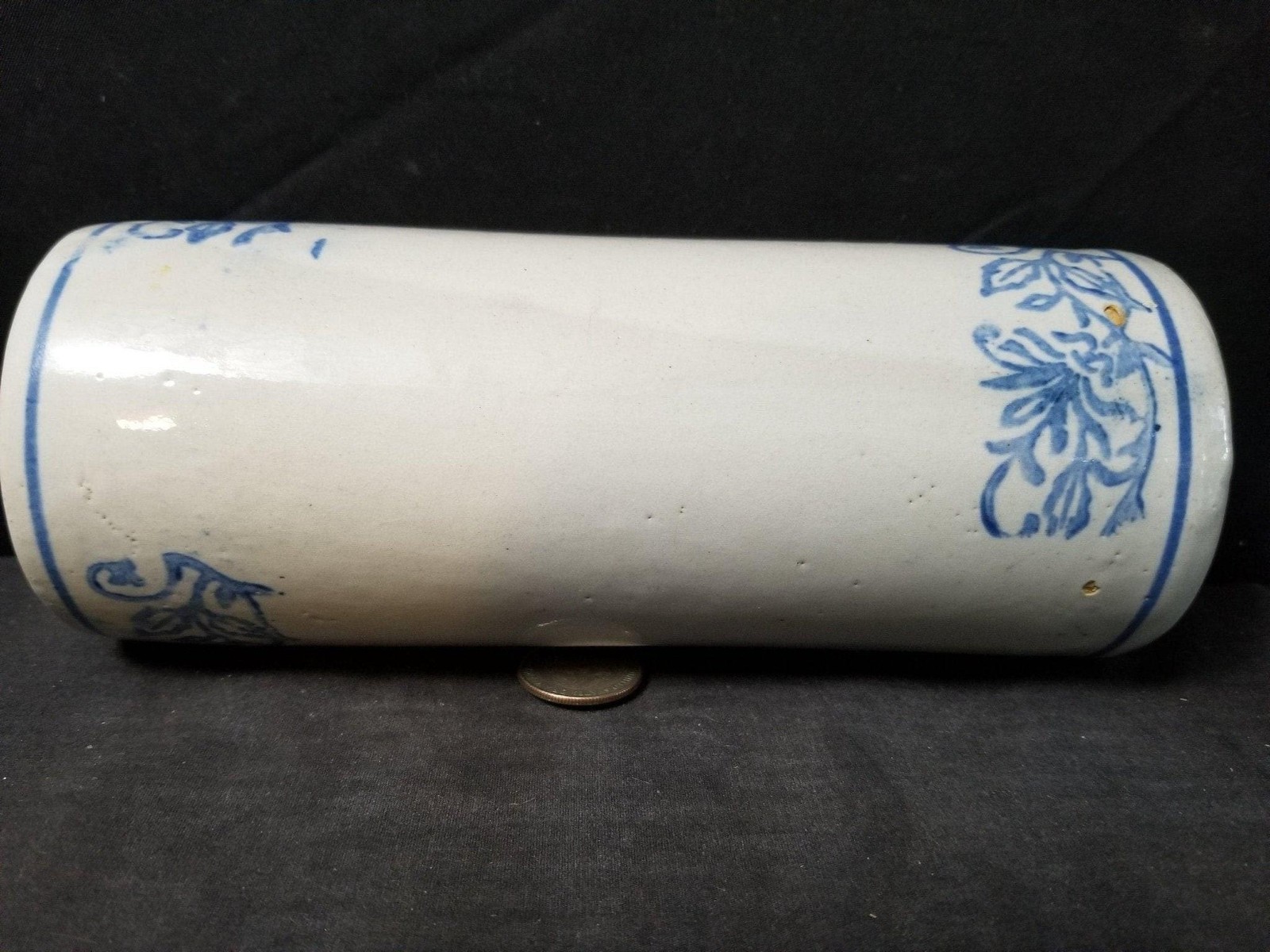 Blue and White Stoneware Cameron, Texas Advertising Rolling Pin c.1905 j.d. Robb