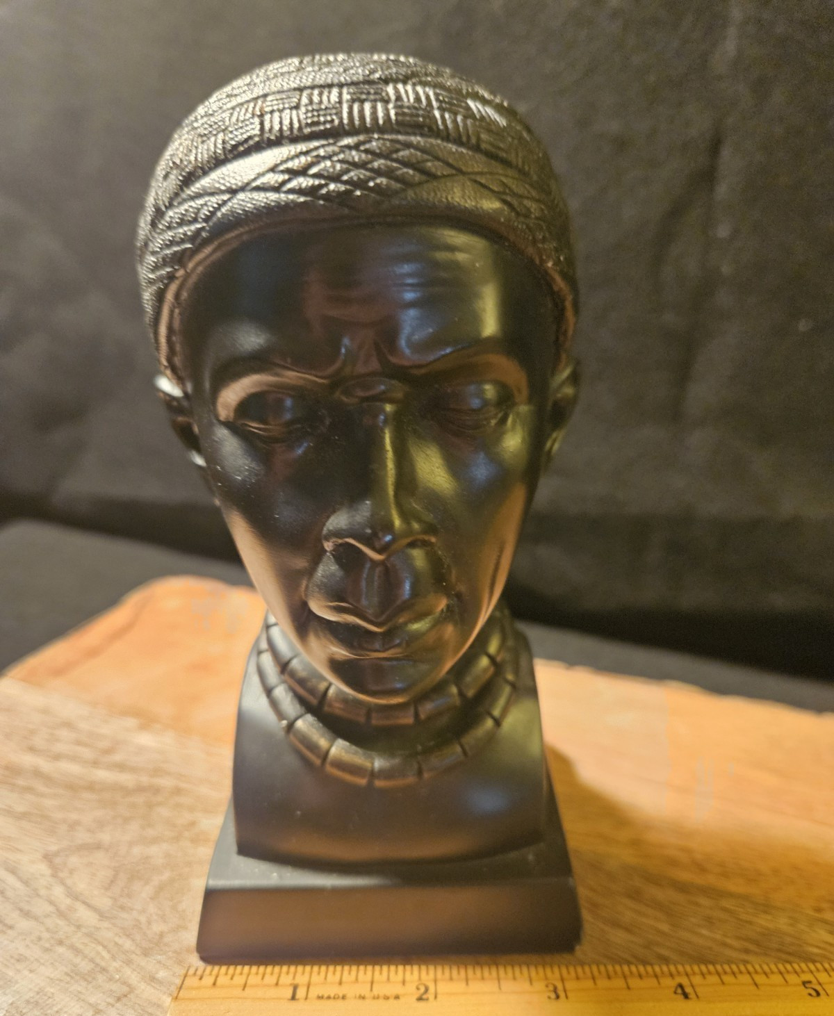 African Woman Bust Figurine Matte Black Textured Resin Sculpture 3in Square Base