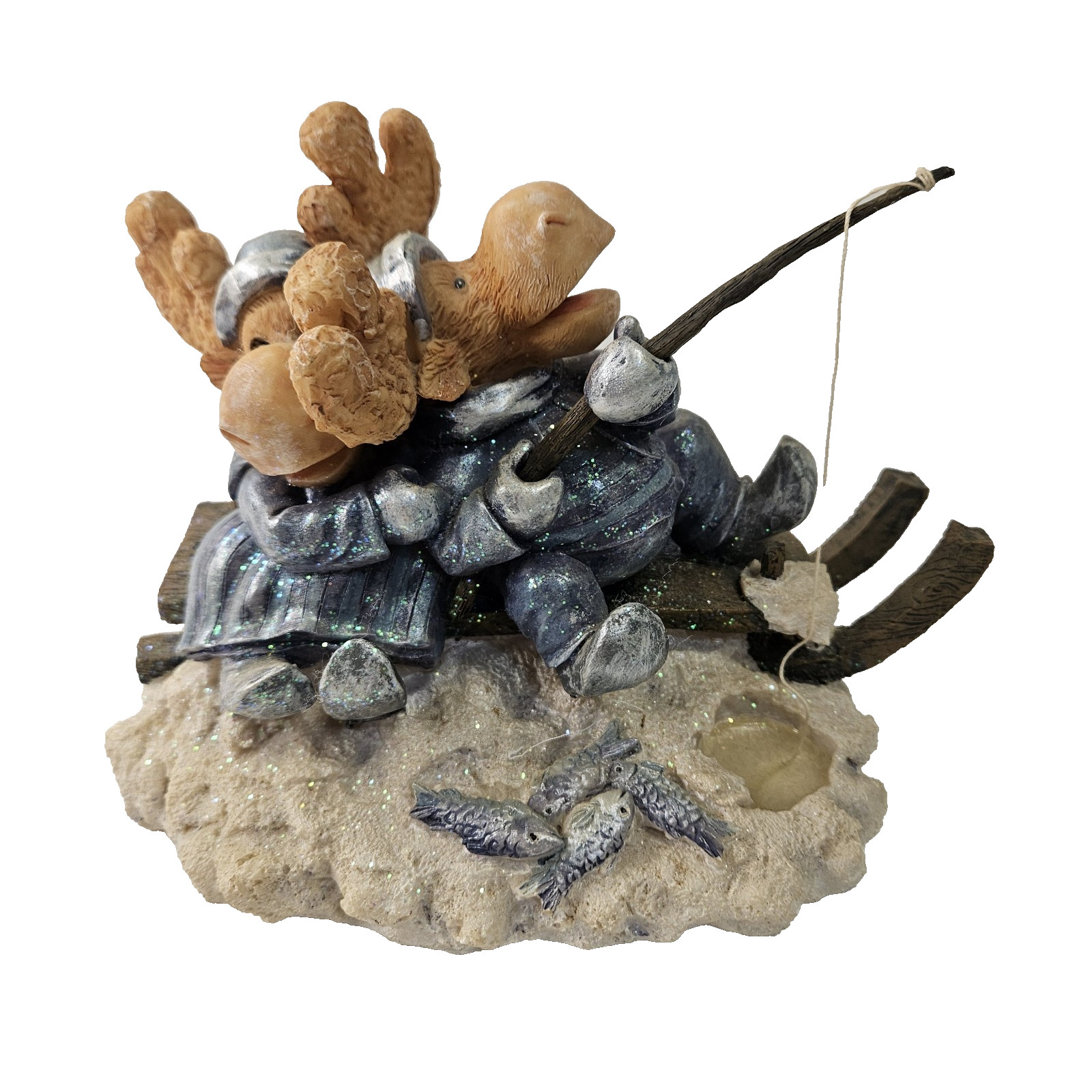 Moose Pair Ice Fishing on a Sled Holiday Winter 5×7” Blue Figurine Cabin Decor