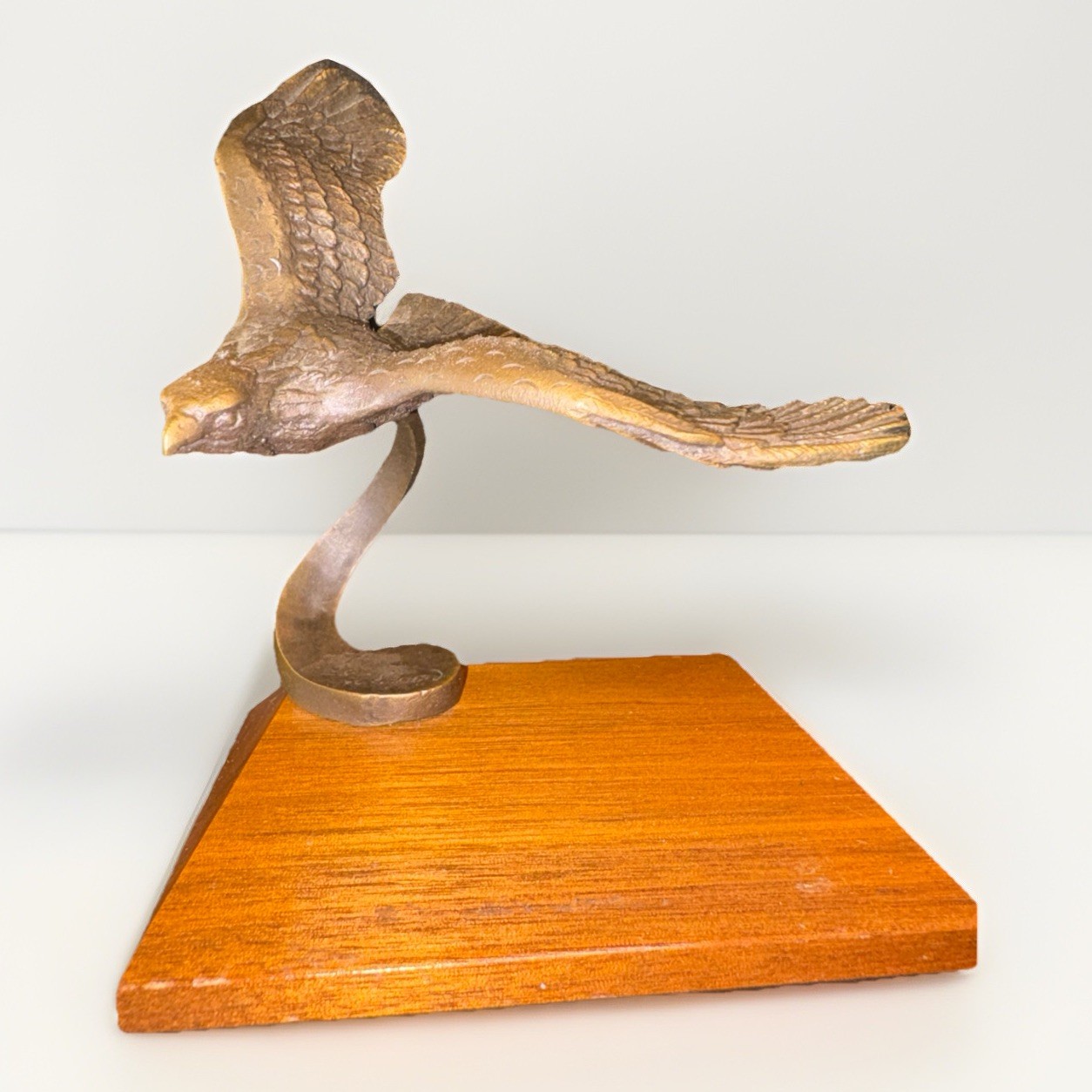 Brass Flying Eagle- Signed – Wood Base