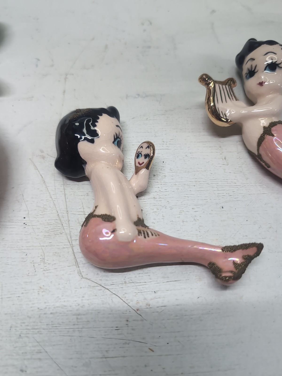Vintage Shell Pink Mermaid Wall Plaques Gold Accents Mirror And Harp