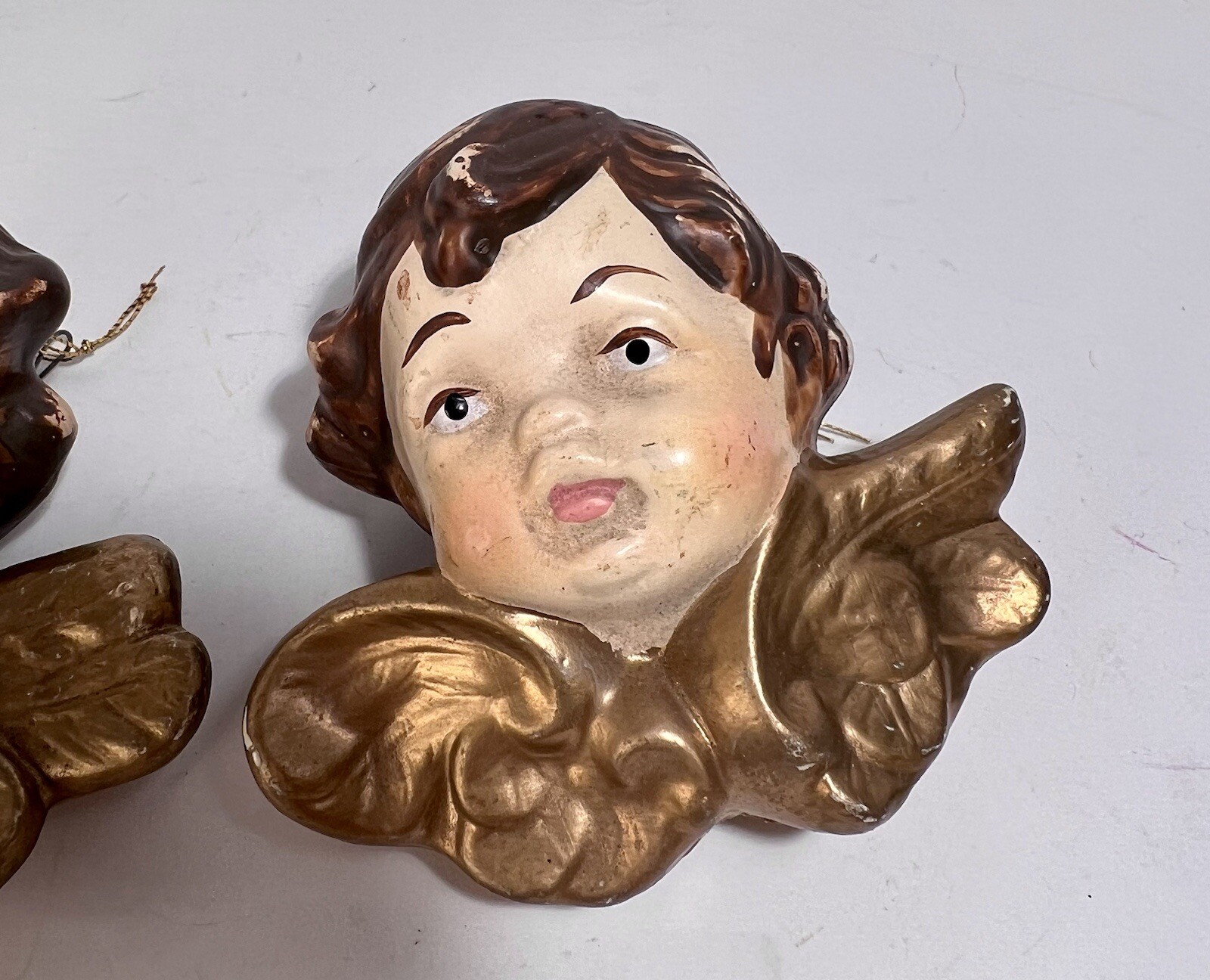 Vintage Set of 3 Angel Cherub Heads Painted Faces Gold Wings 3.5”