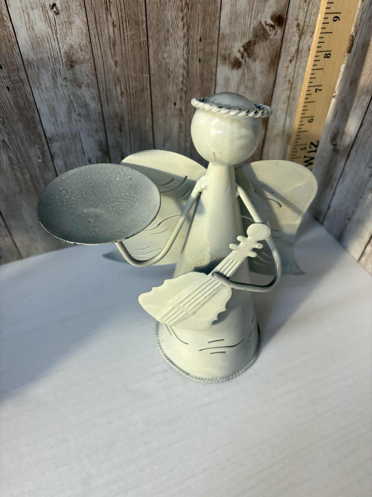 Vtg White Distressed Metal Angel with String Instrument Candle Holder FREE SHIP