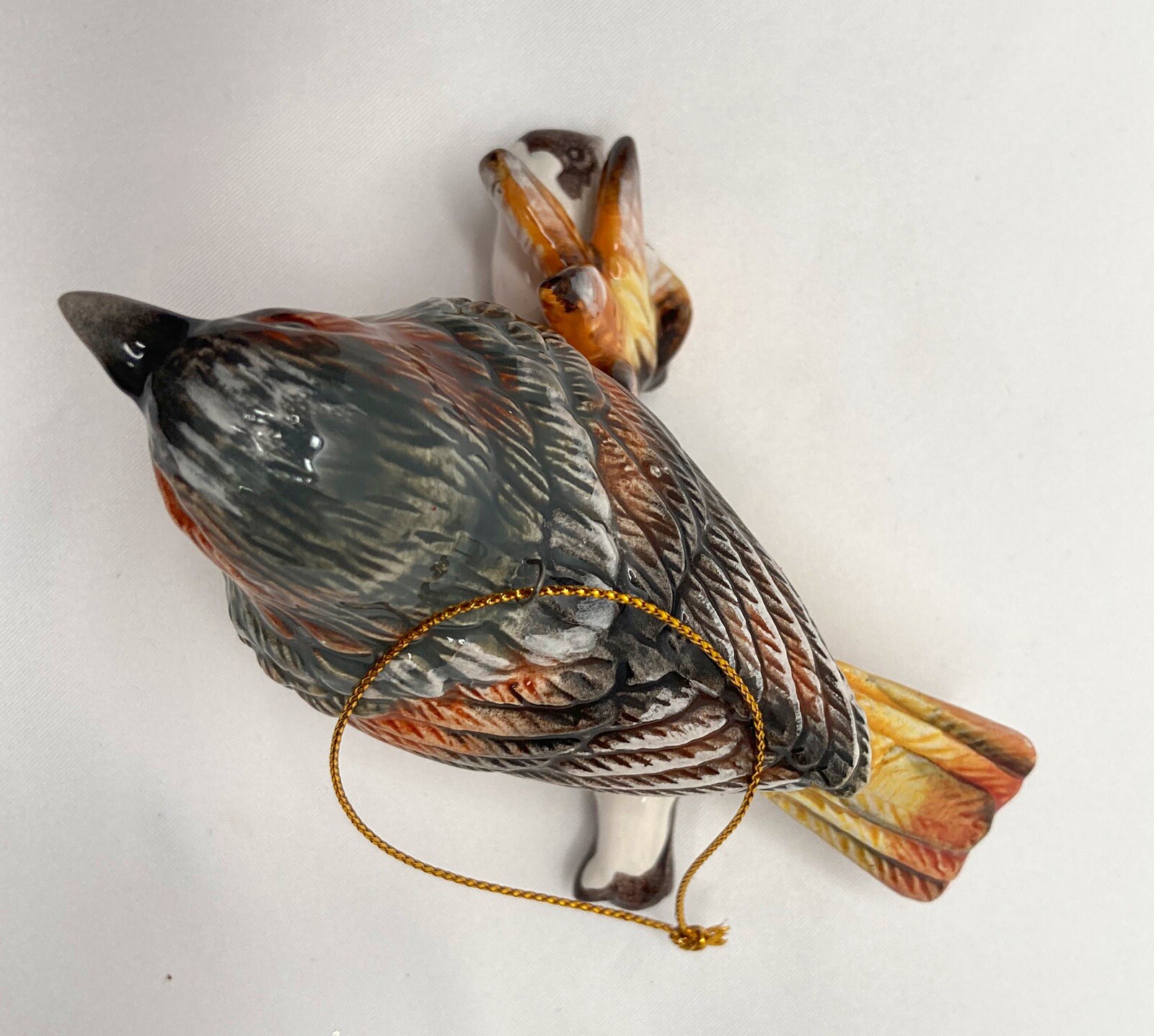 Orange Brown Grey Yellow Ceramic Hanging Ornament Bird On Snowy Branch Figurine
