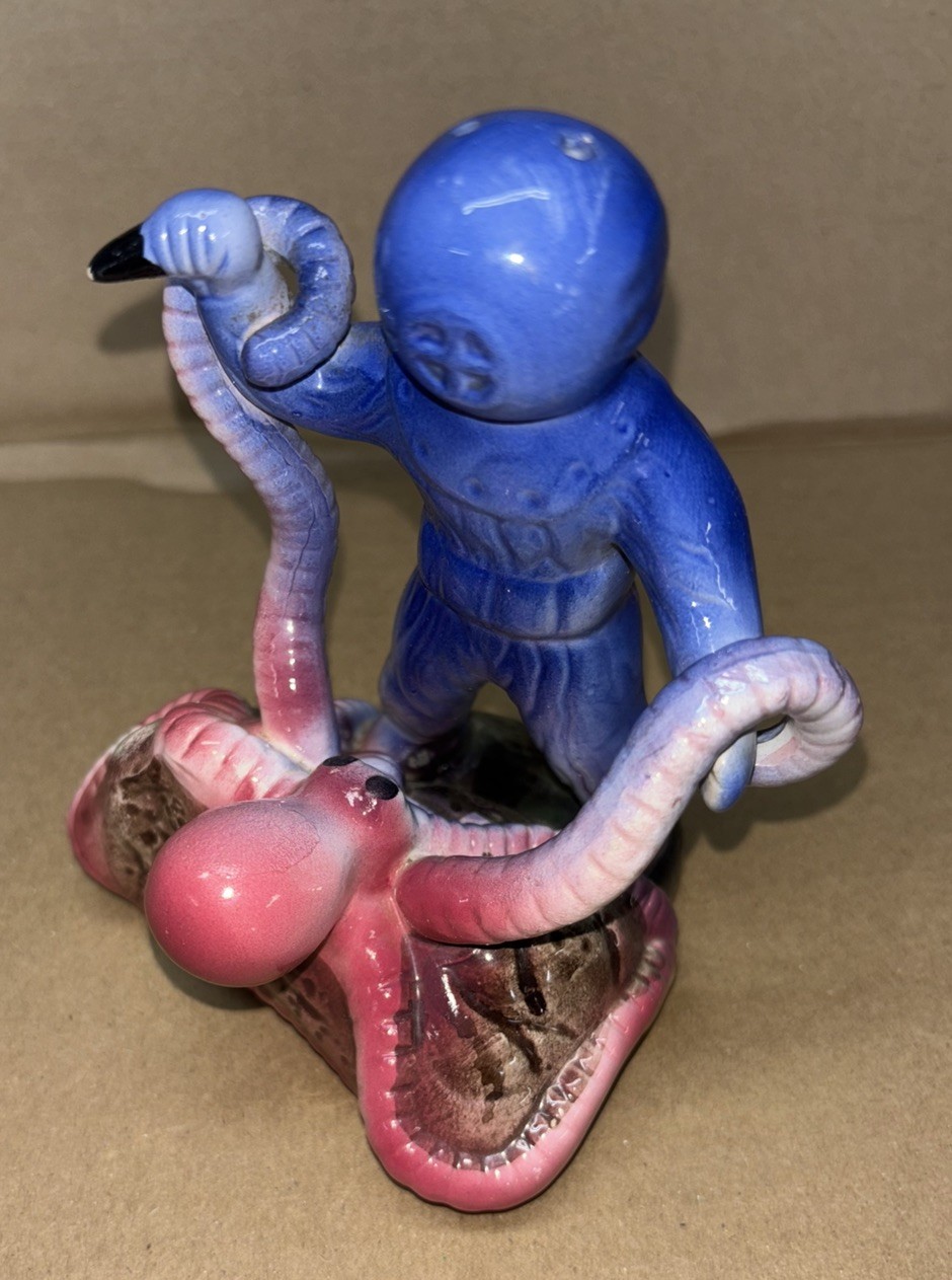 Vintage Ceramic Octopus Deep Sea Diver Tank Figurine Cobalt Blue 50s Nautical