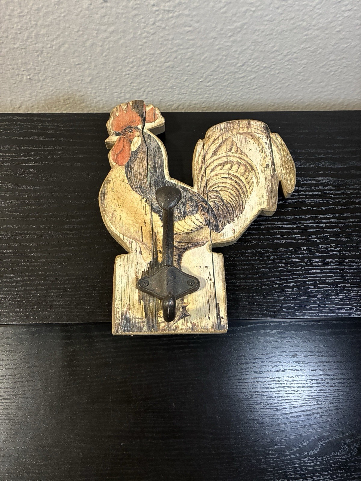 Vintage Rooster Folk Art Wall Hook Weathered Farm House Country Rustic Wood