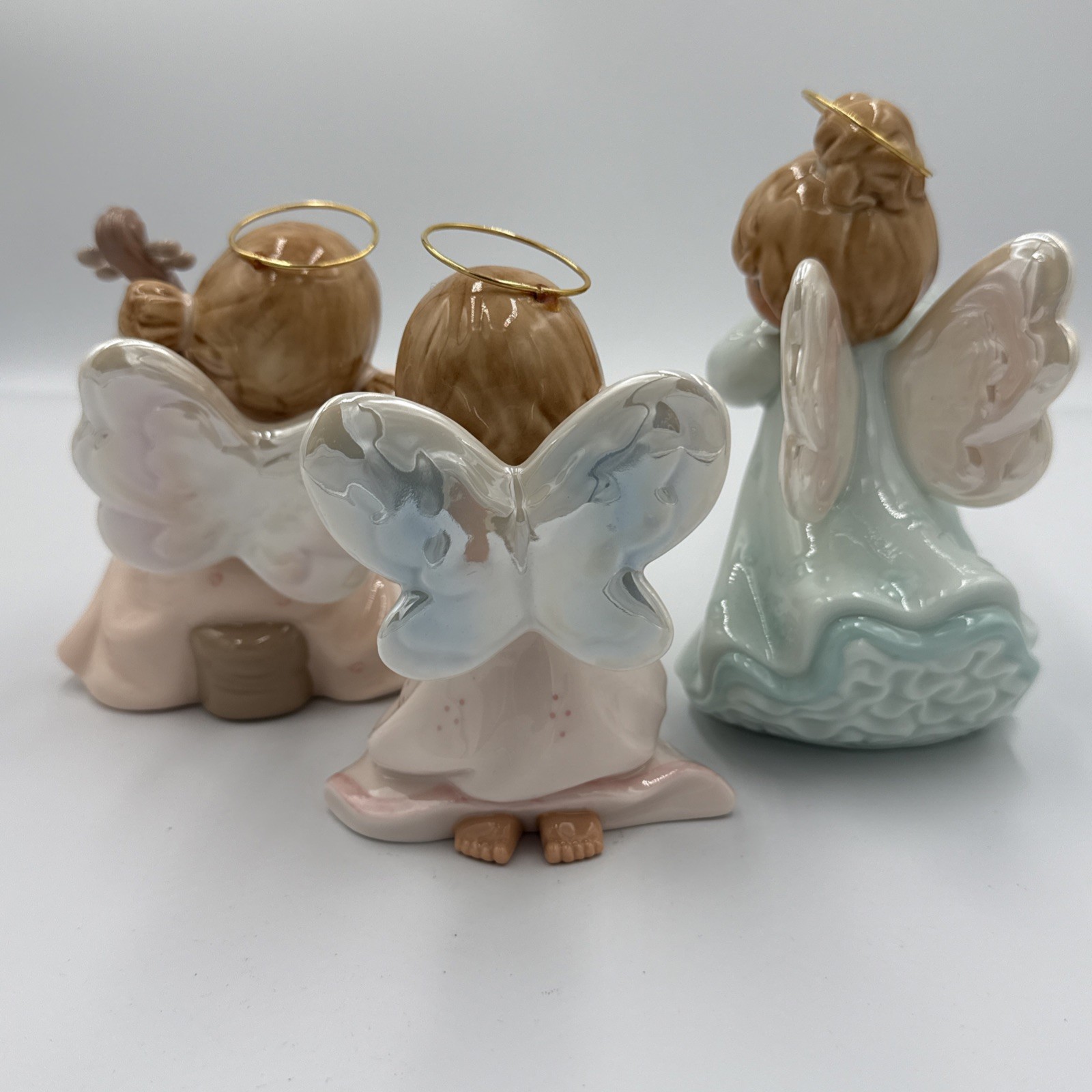 3 Angel Figurines Playing Instruments: Hello, Horn, Harp Pastels With Halo Wings