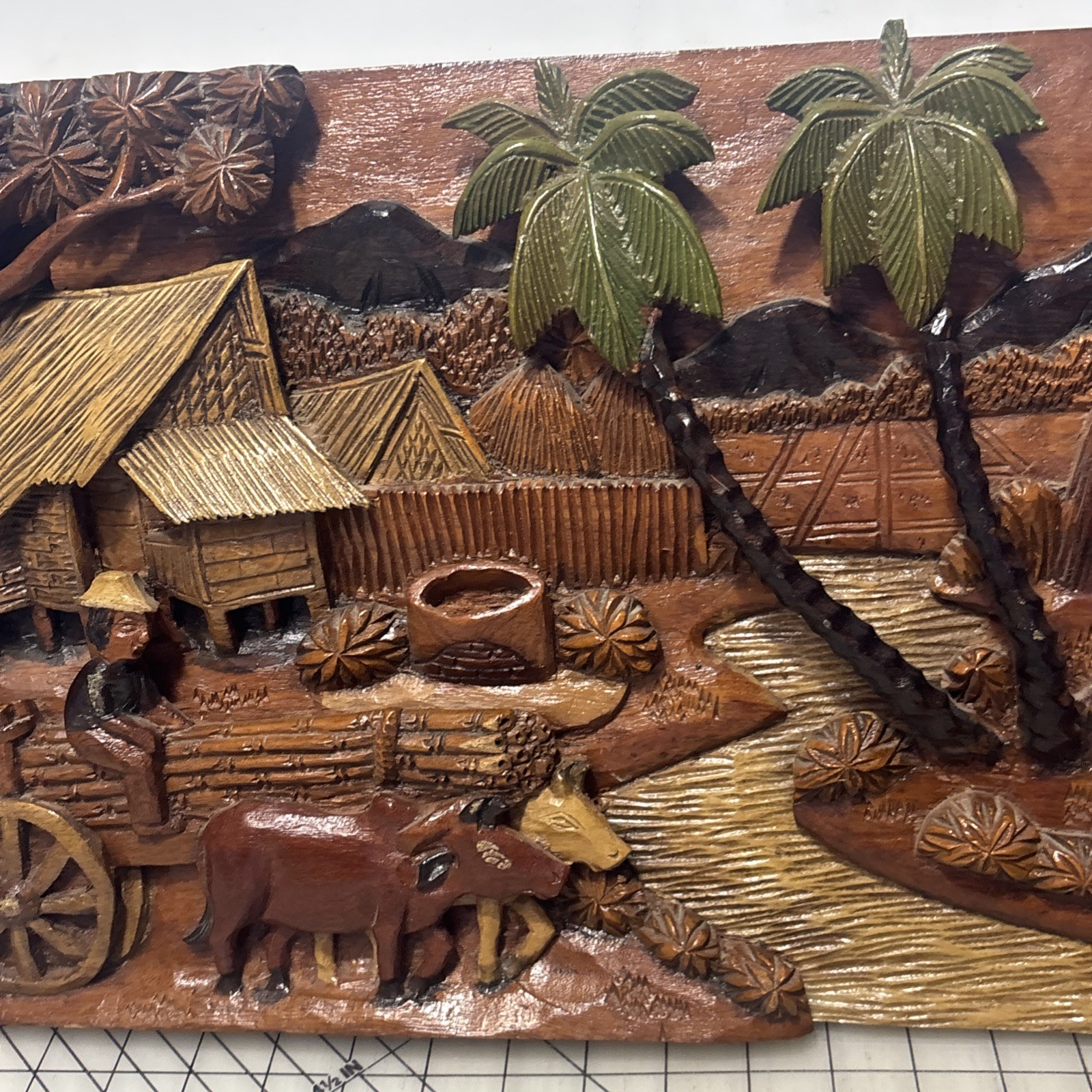 Pristine 25″ Vintage Philippines 3D Wood Relief Panel 1960s Peace Corps Carving
