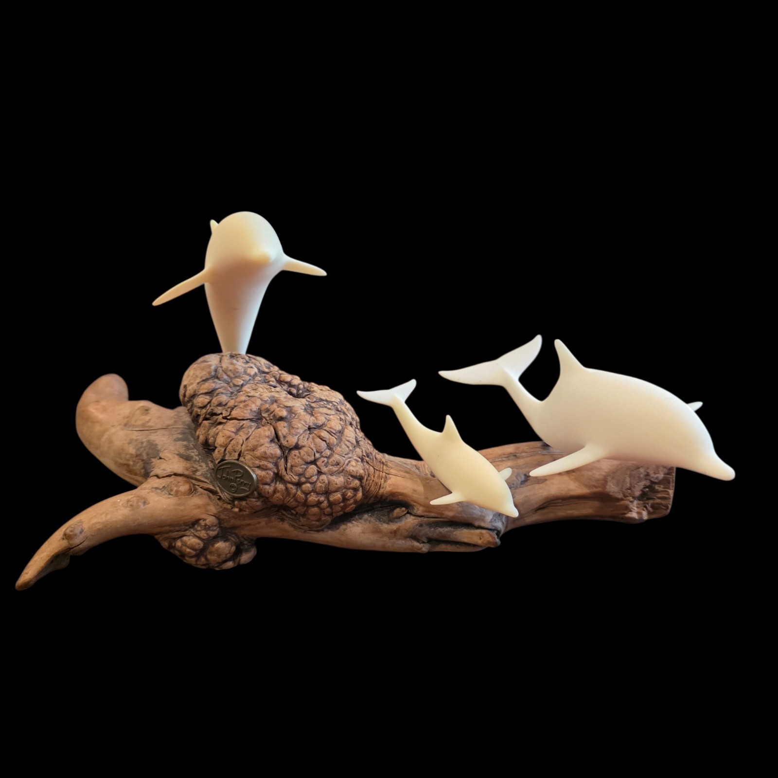 John Perry Dolphin Sculpture Driftwood Lucite Resin Dolphins Signed 16″ Coastal