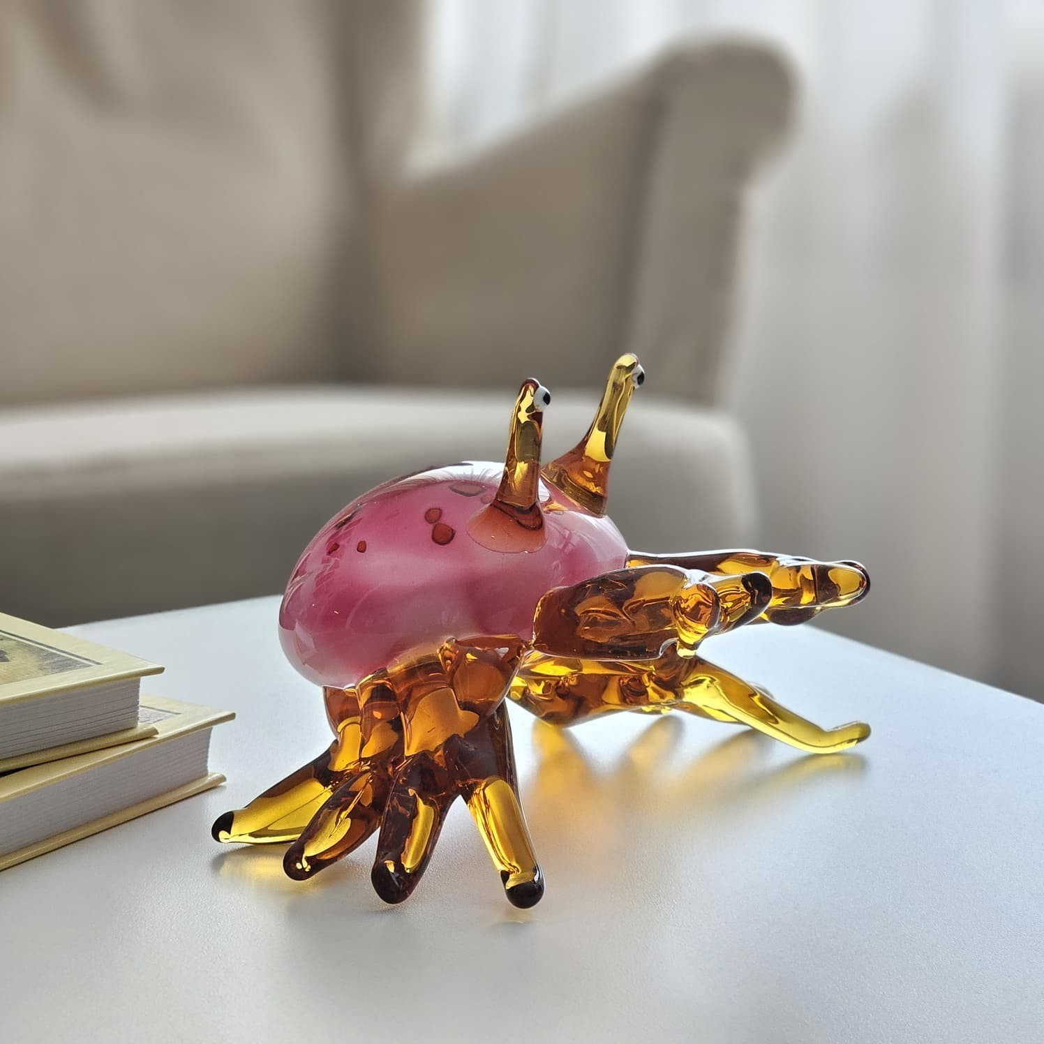 Handmade Red Glass Crab Sculpture – Murano Style Art Figurine – 5” Collectible