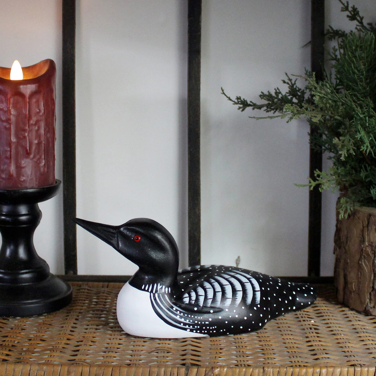Hand Engraved Painted Wood Loon Figurine Farmhouse Primitive Decor 10.25 Inch