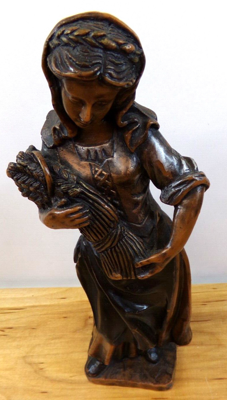 Vintage German Wax Figurine of Lady Carrying a Bundle of Wheat 13 inches Tall