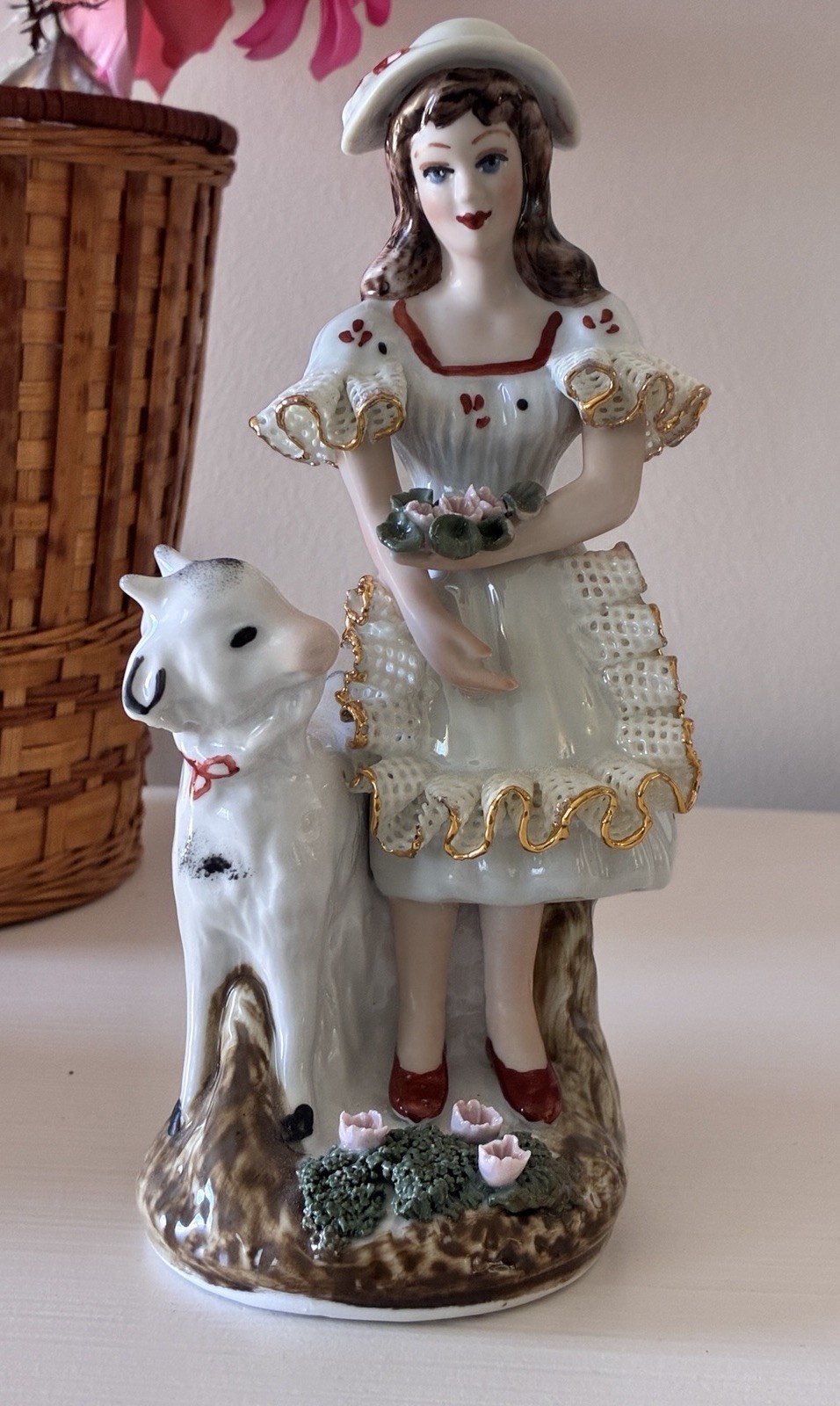 Vint Boceram Romania Hand Painted Porcelain Figurine Girl w Lamb Lace Dress 7”