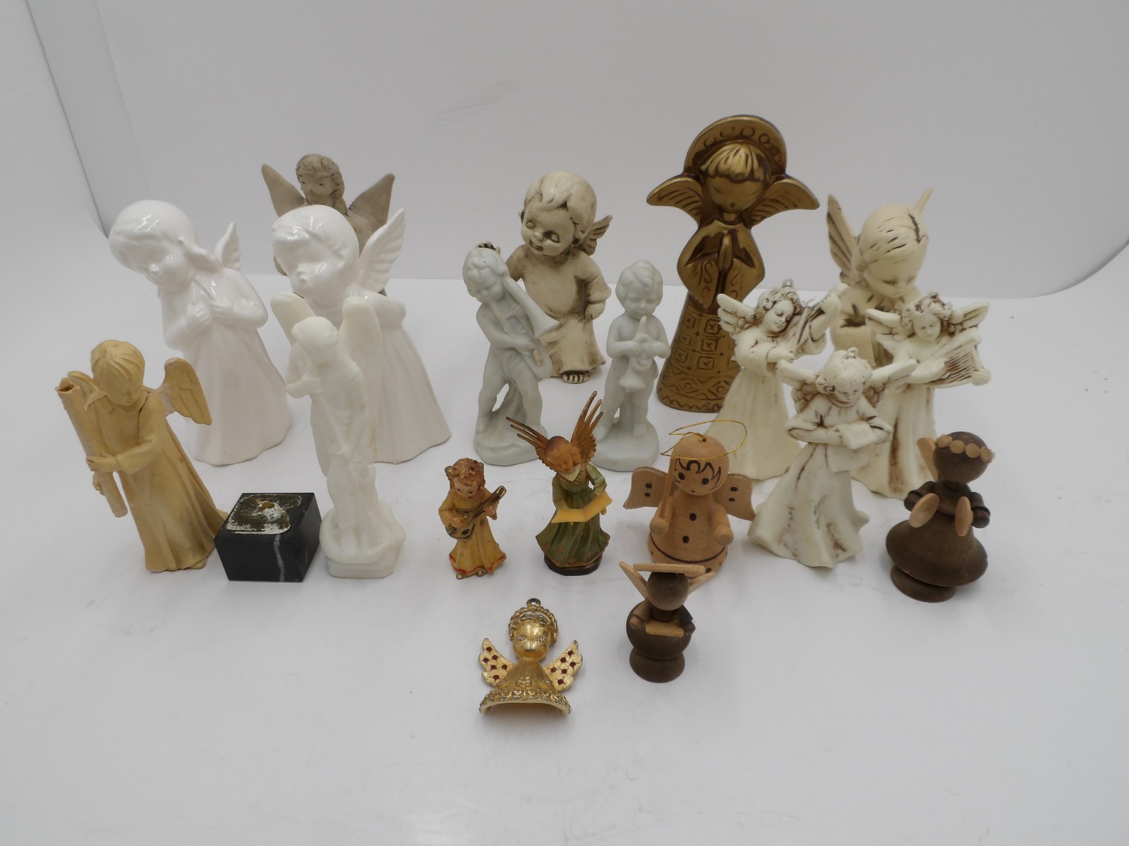 Vintage Angel Figurine Lot, Plastic Porcelain Wood Ceramic Etc