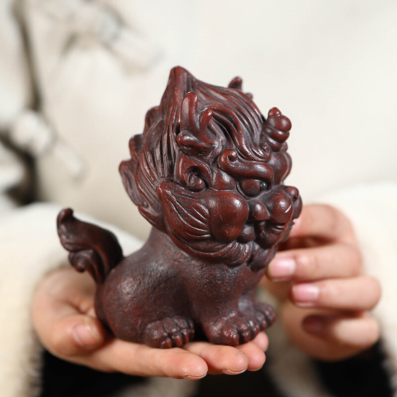 Chinese Yixing Zisha Tea Pet 4.9″ Handmade Natural Red Clay Animal Kylin Qilin