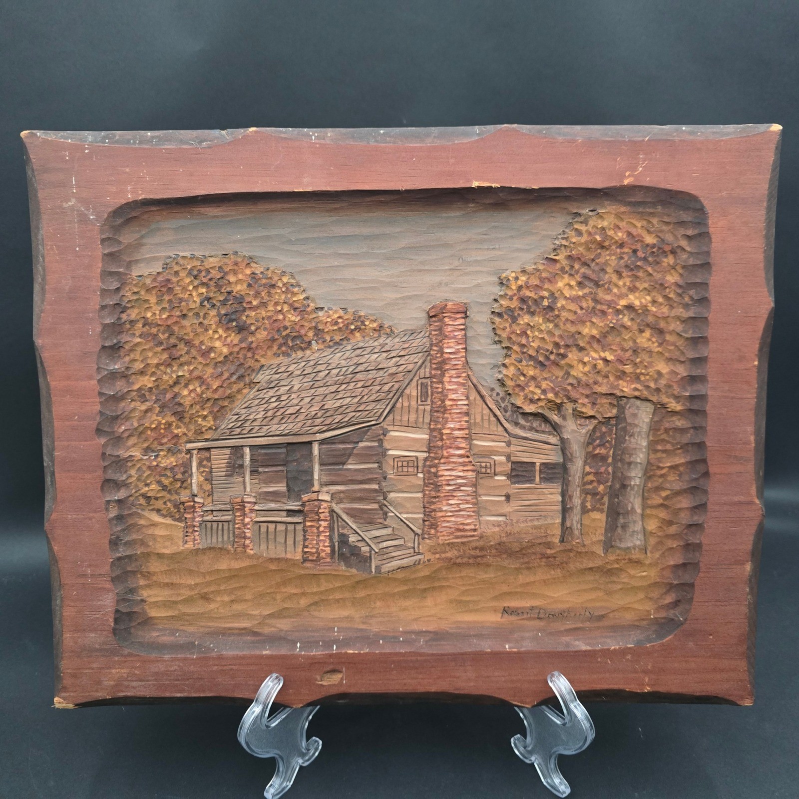 Robert Dougherty Hand Carved Wood Relief Plaque Log Cabin Autumn Scene Folk Art