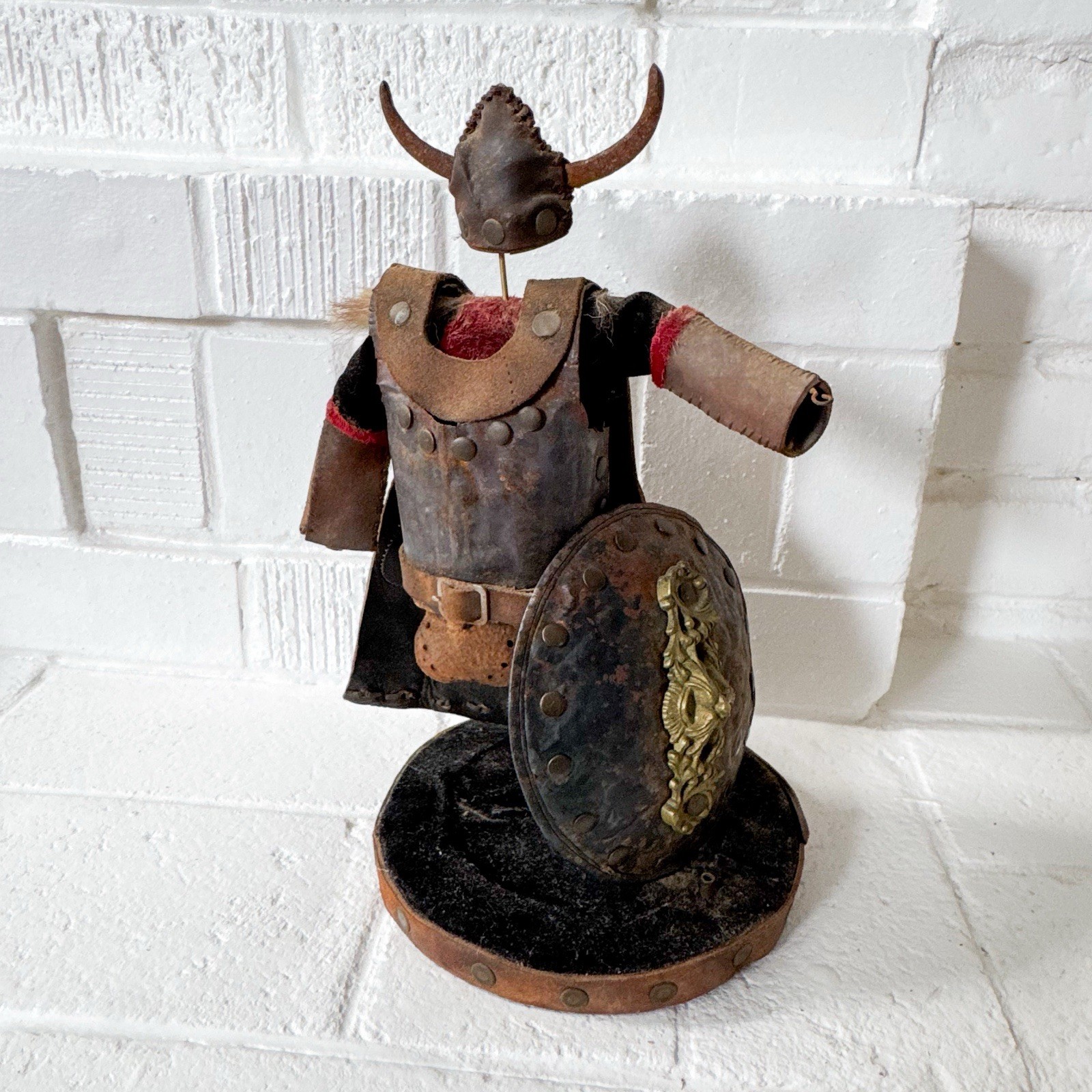 Vtg Handmade Viking Warrior Figurine Leather Armor Metal Shield Folk Art RARE