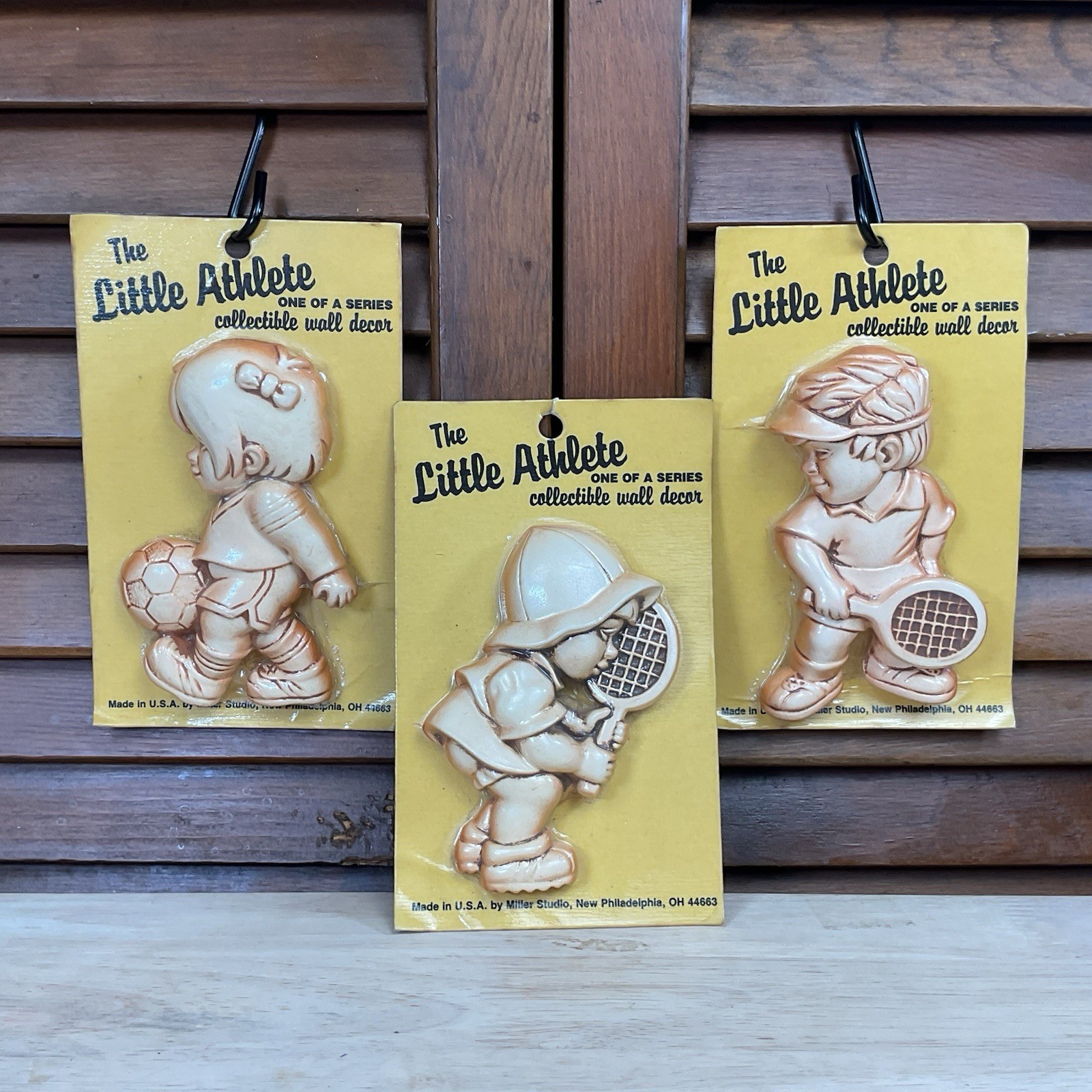 VTG Miller Studio 3-D Chalkware Little Athlete Wall Decor Tennis (2) Soccer (1)