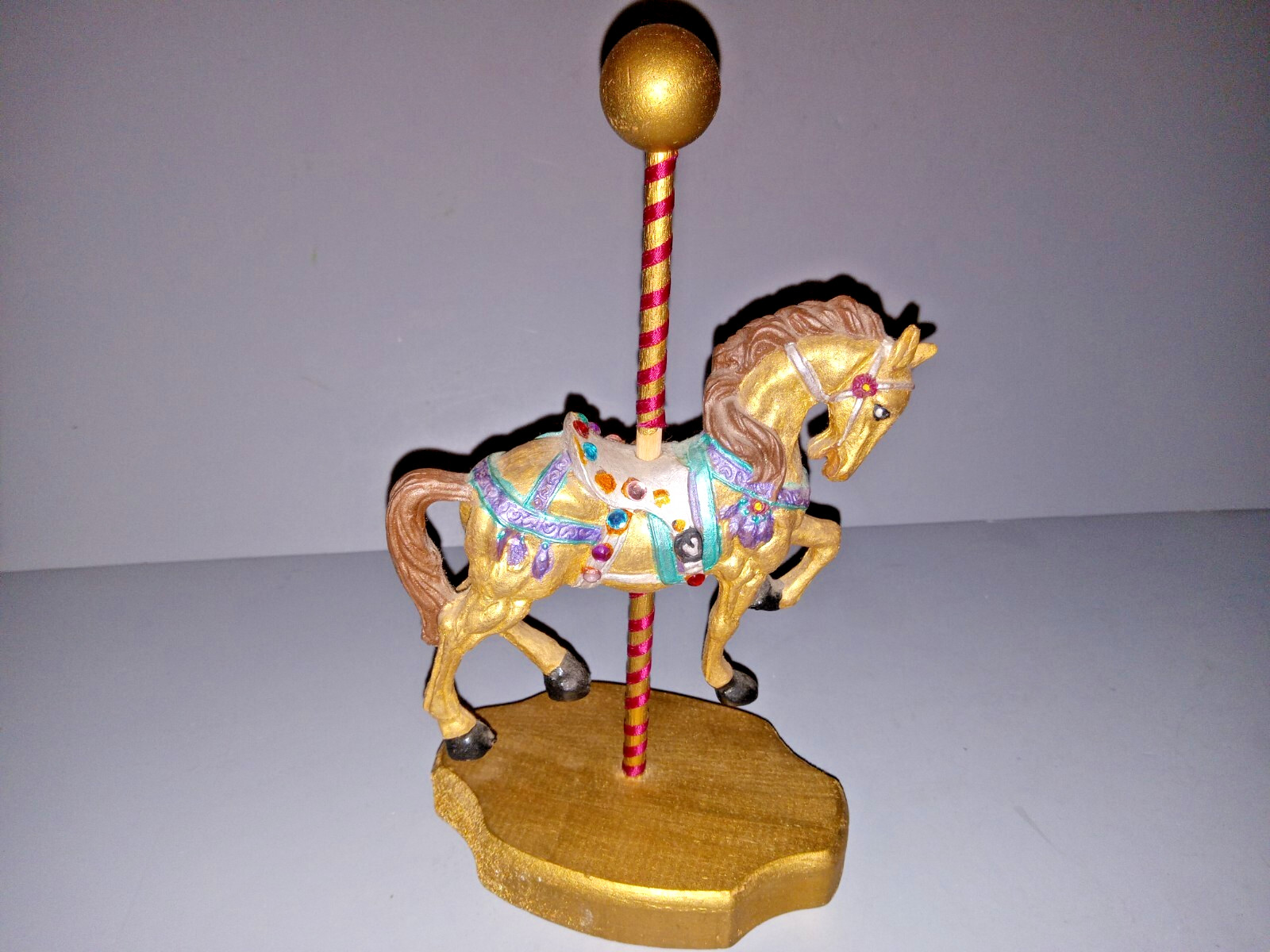 Carousel Horse Figurine 9″ Gold Pole Colorful Gems Vintage Style 5″x3″ Base