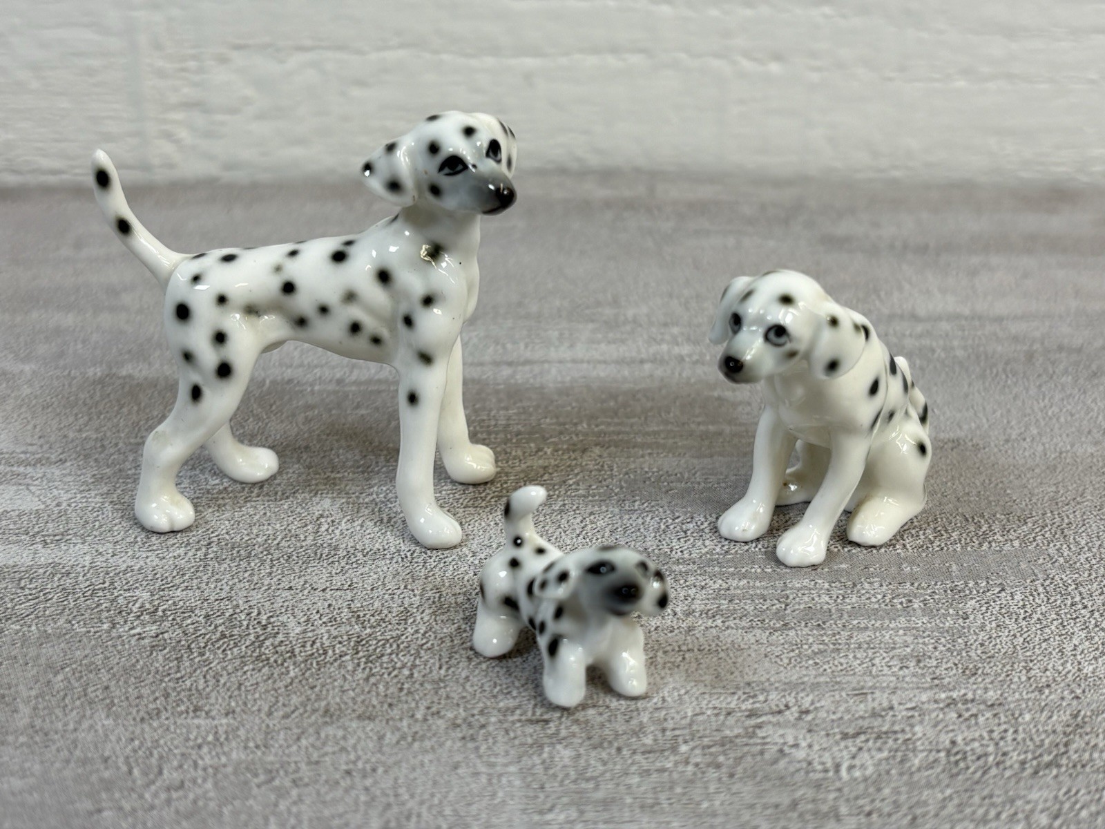 Set 3 Vintage Miniature Dalmatian Family Bone China Figurines Dad Mom Puppy Dog