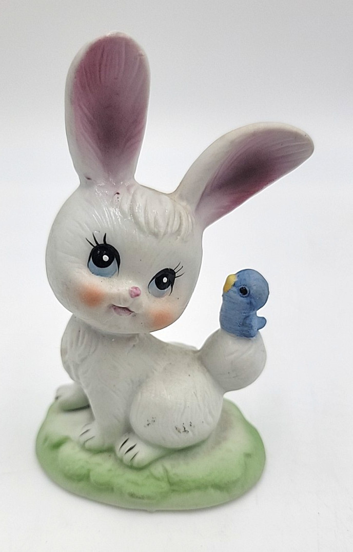 Vintage LeftonBisque China Bunny W/Bluebird Figurine Easter 3.5 Inches Tall