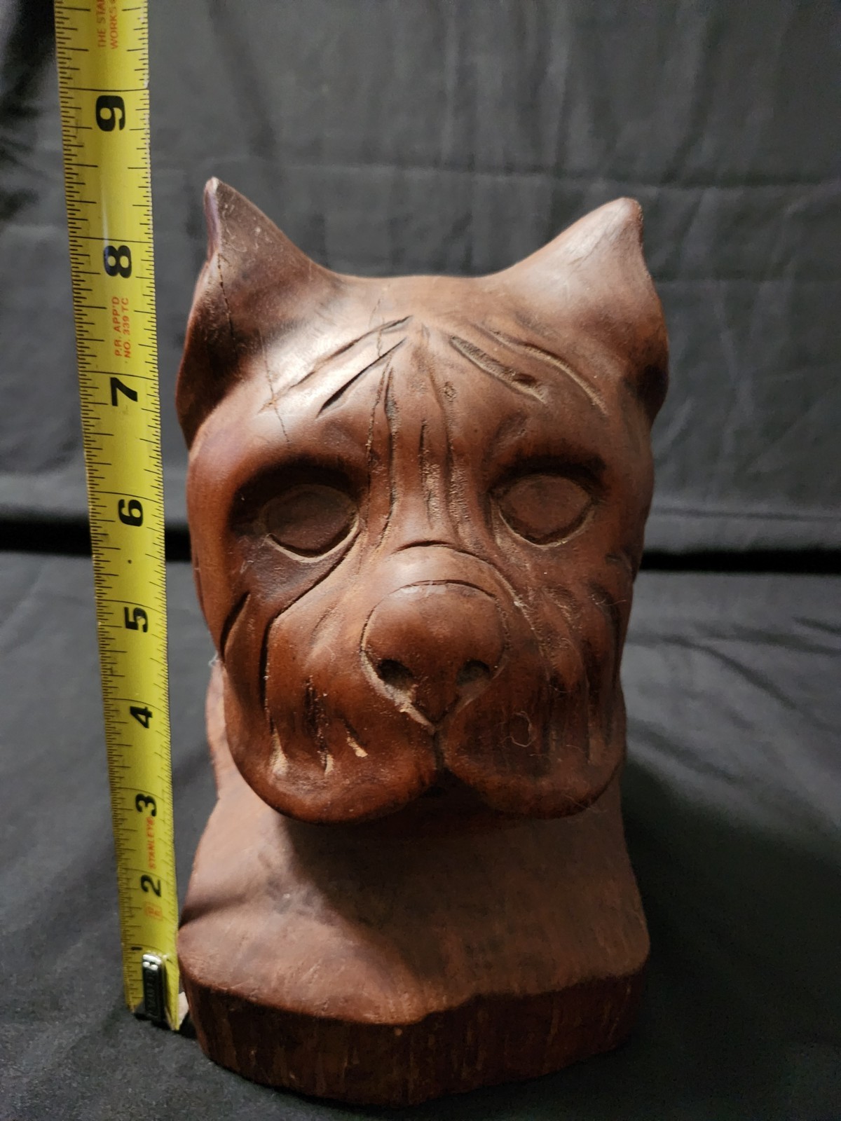 Vintage Hand Carved Wood Folk Art Dog Head Artist Signed Boxer Bulldog 1974