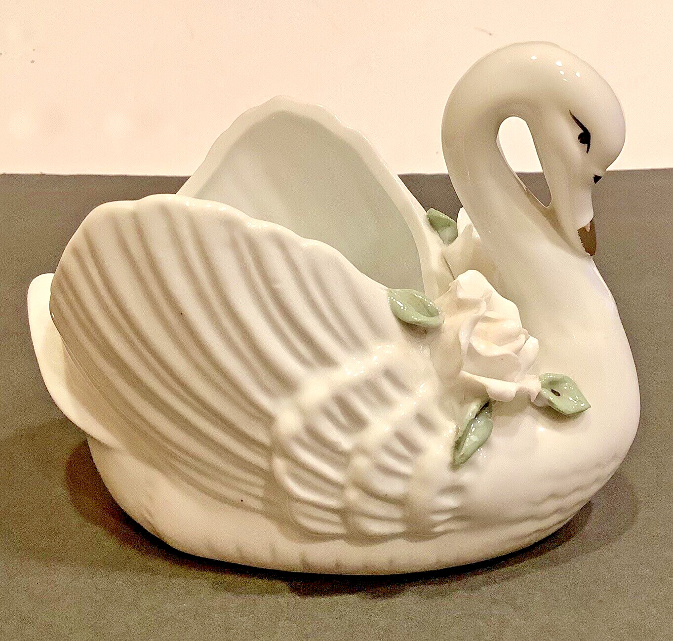 Big 9” SWAN Open Back Vintage Vanity Items or Planter w/Applied Flowers GERMANY