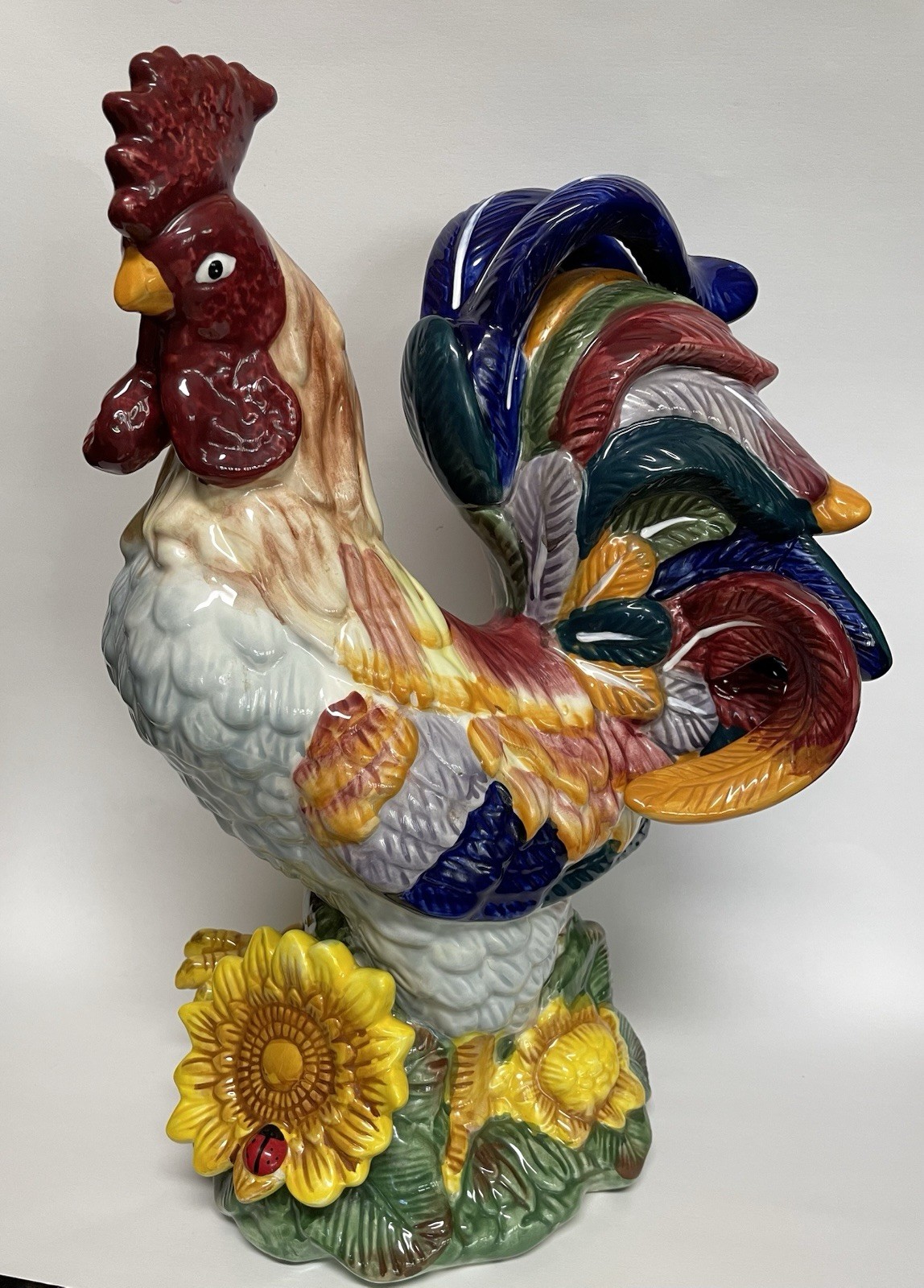 Ceramic Rooster on Sunflower Large Vintage J. Willfred Handpainted Sadek 15.5″