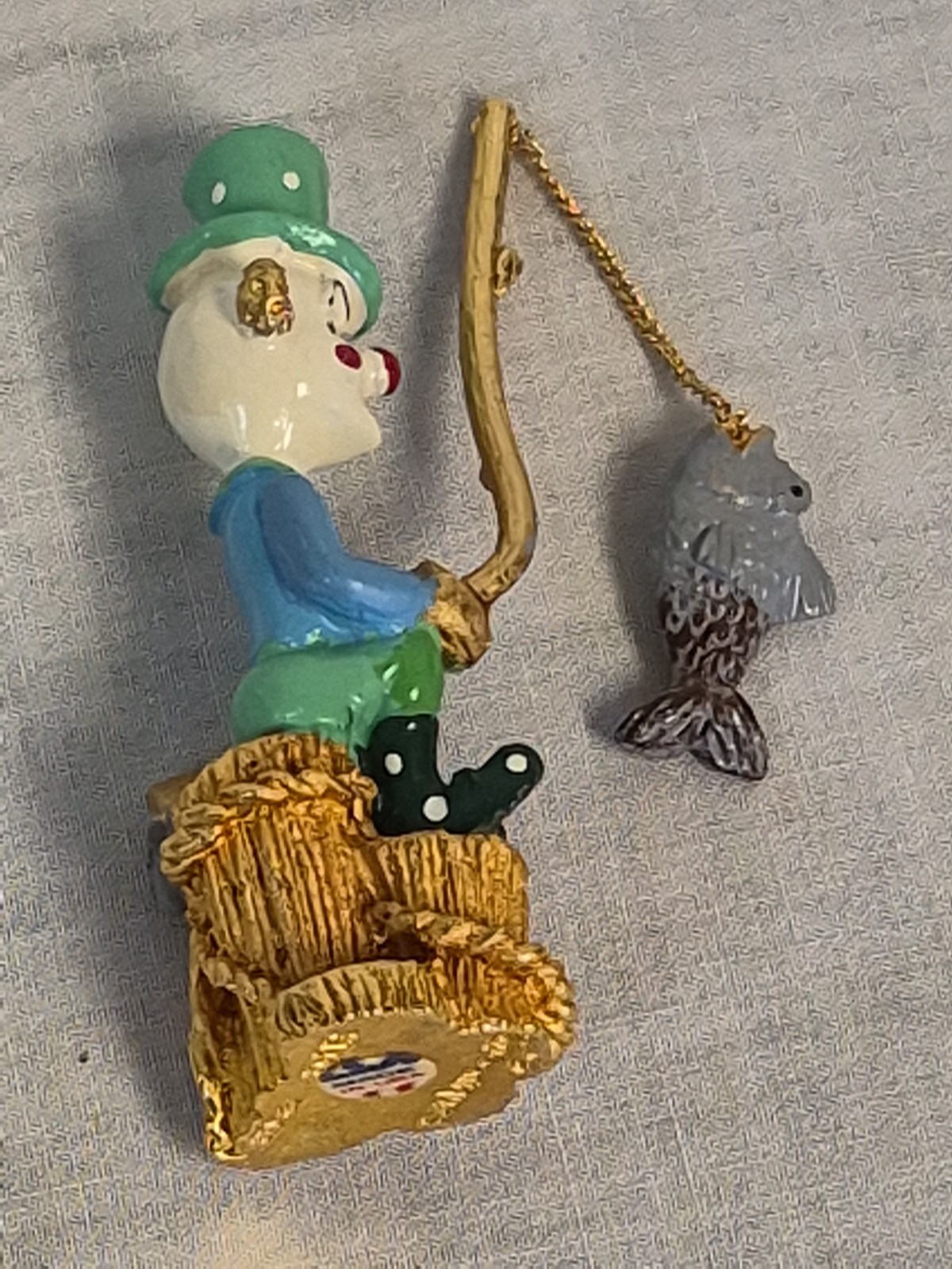 Spoontiques 1980s Gold Plated Pewter Clown Fishing, Swarovski Crystal K1498