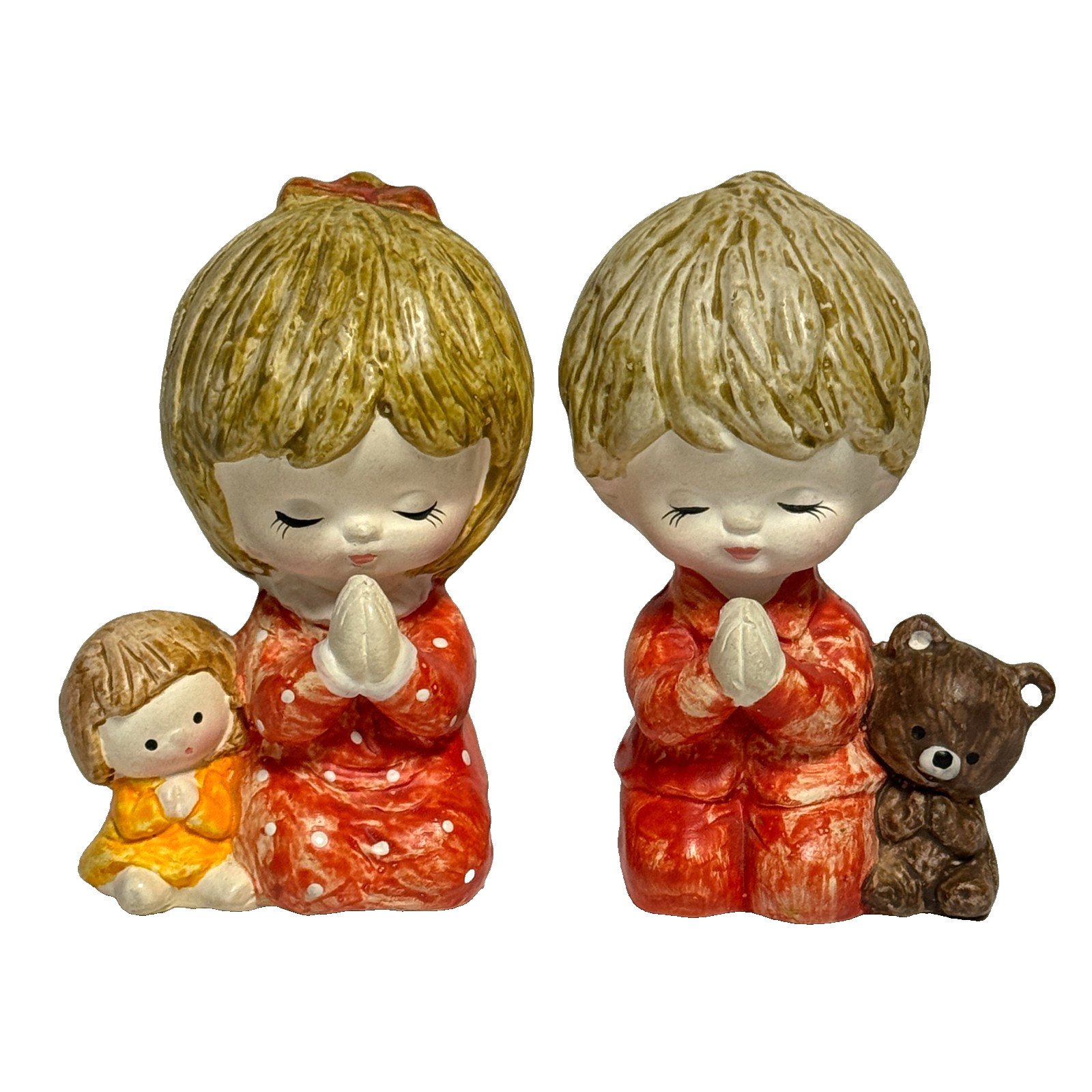 VTG Set of 2 Praying Children Boy Girl Hand Painted Figurines Taiwan 4″ Enesco