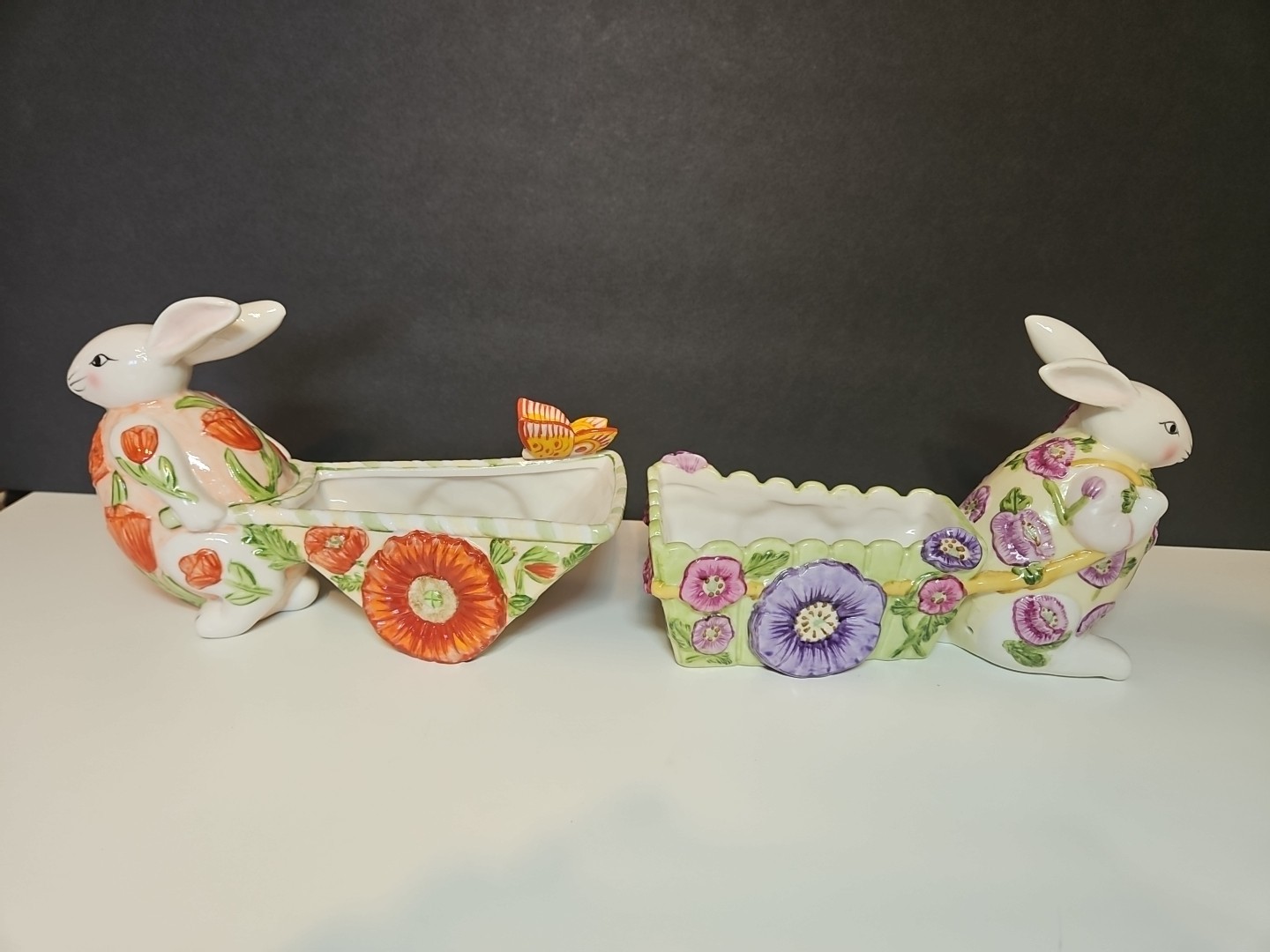 2 VILLEROY & BOCH 1748 Bunny Rabbit Pulling Cart Easter Decor Butterfly Poppy