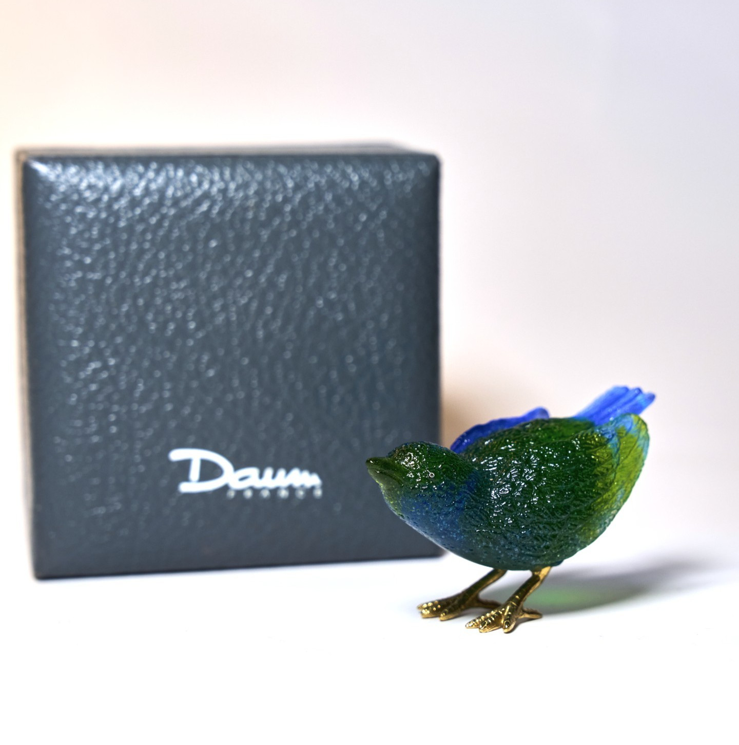 Daum France Pâte-de-Verre Bird Green Blue Figurine w/ Gilt Bronze Feet – Signed